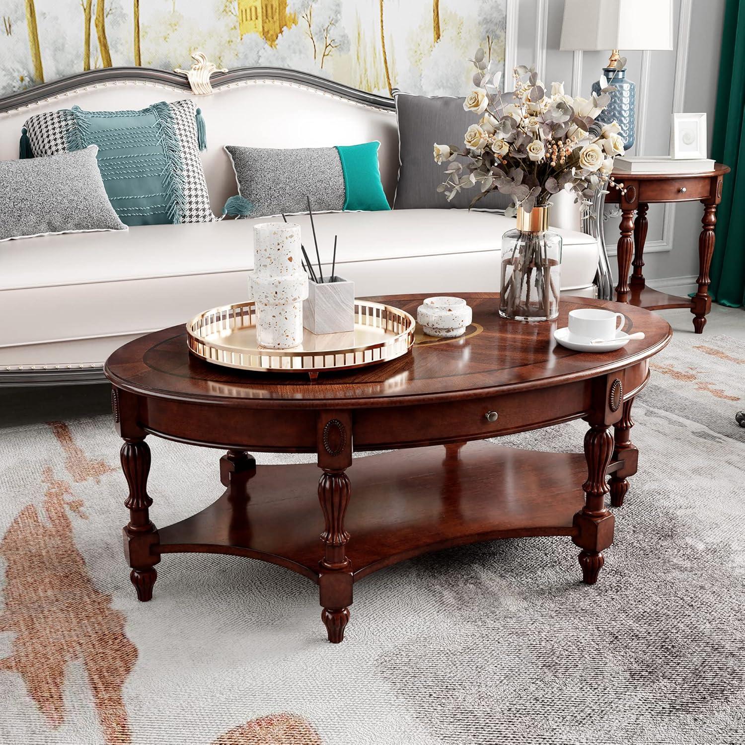 Solid Wood Coffee Table Console Table with Storage Drawer With drawers Coffee Table Wood, Cherry Coffee Tables