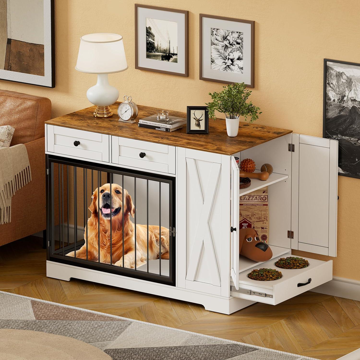 Tucker Murphy Pet™ Gladine Dog Crate Furniture Kennel with Double Doors, Wooden Pet House with 2 Drawers and Pet Feeder Station Storage Cabinet