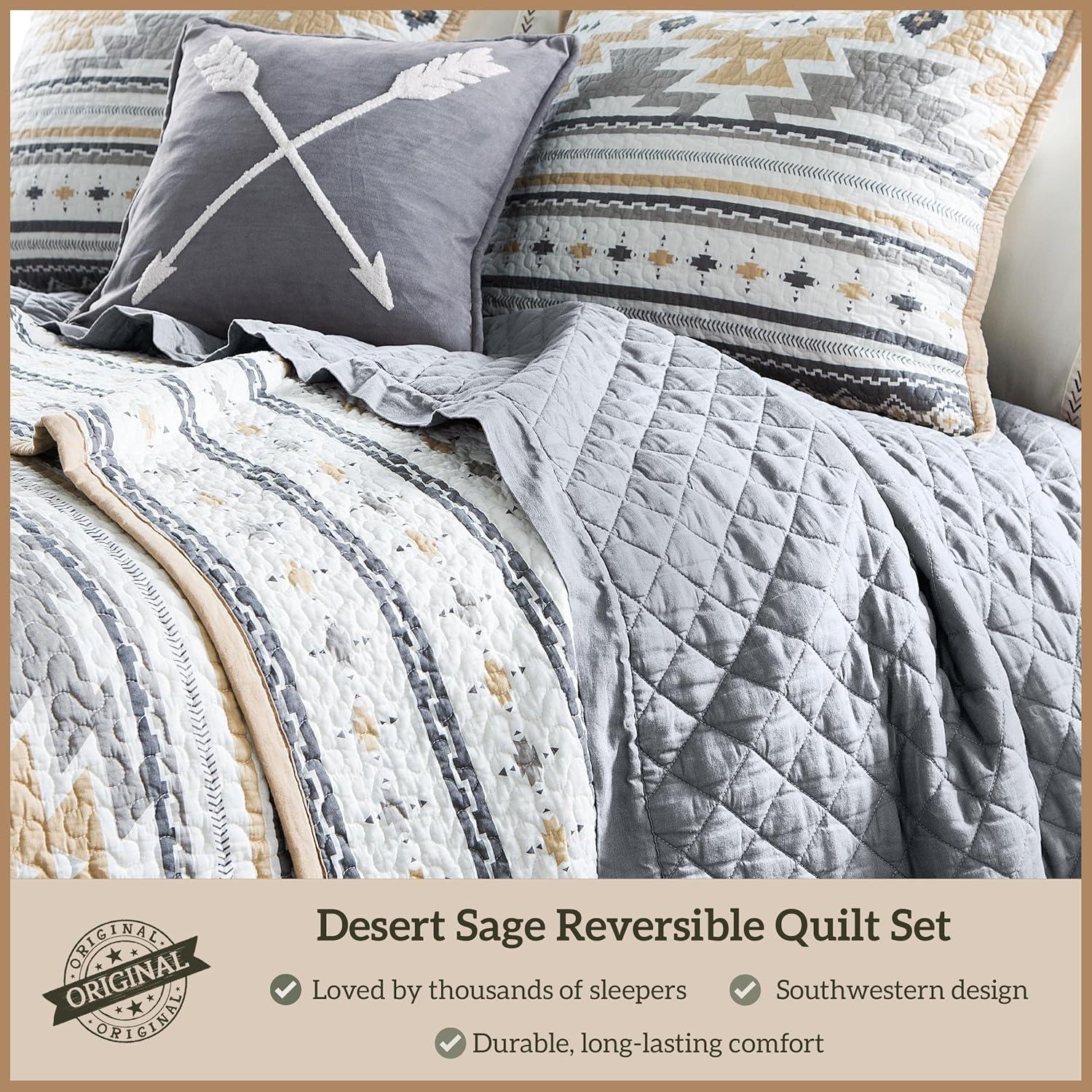 Paseo Road by HiEnd Accents Desert Sage Gray/Tan/White Aztec Print Cotton Southwestern Style Reversible Quilt Set