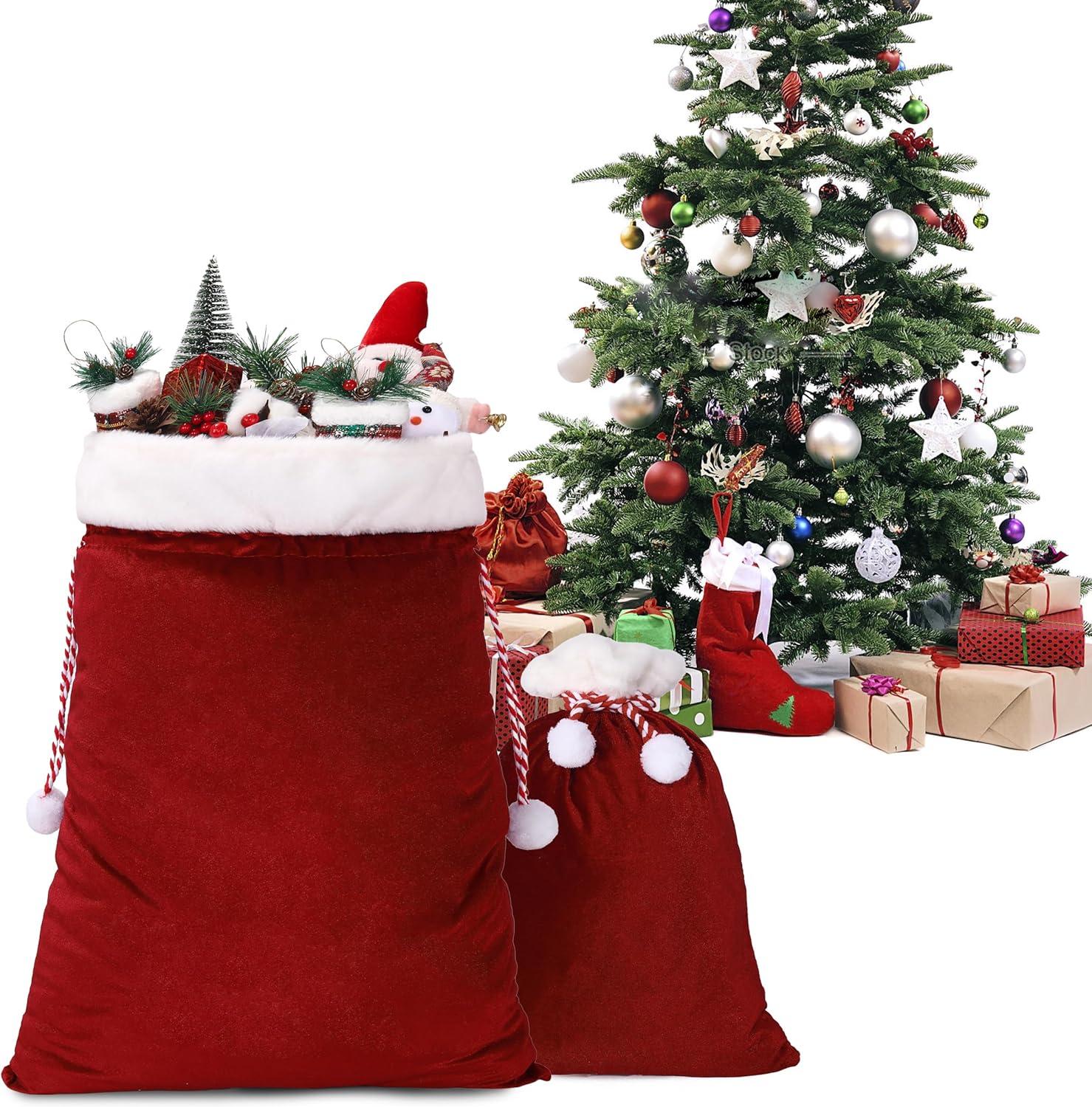 2 Pcs Christmas Velvet Bags with Drawstring Large Plush Santa Sack Christmas Gift Bags in 2 Size for Xmas Package Storage Bags