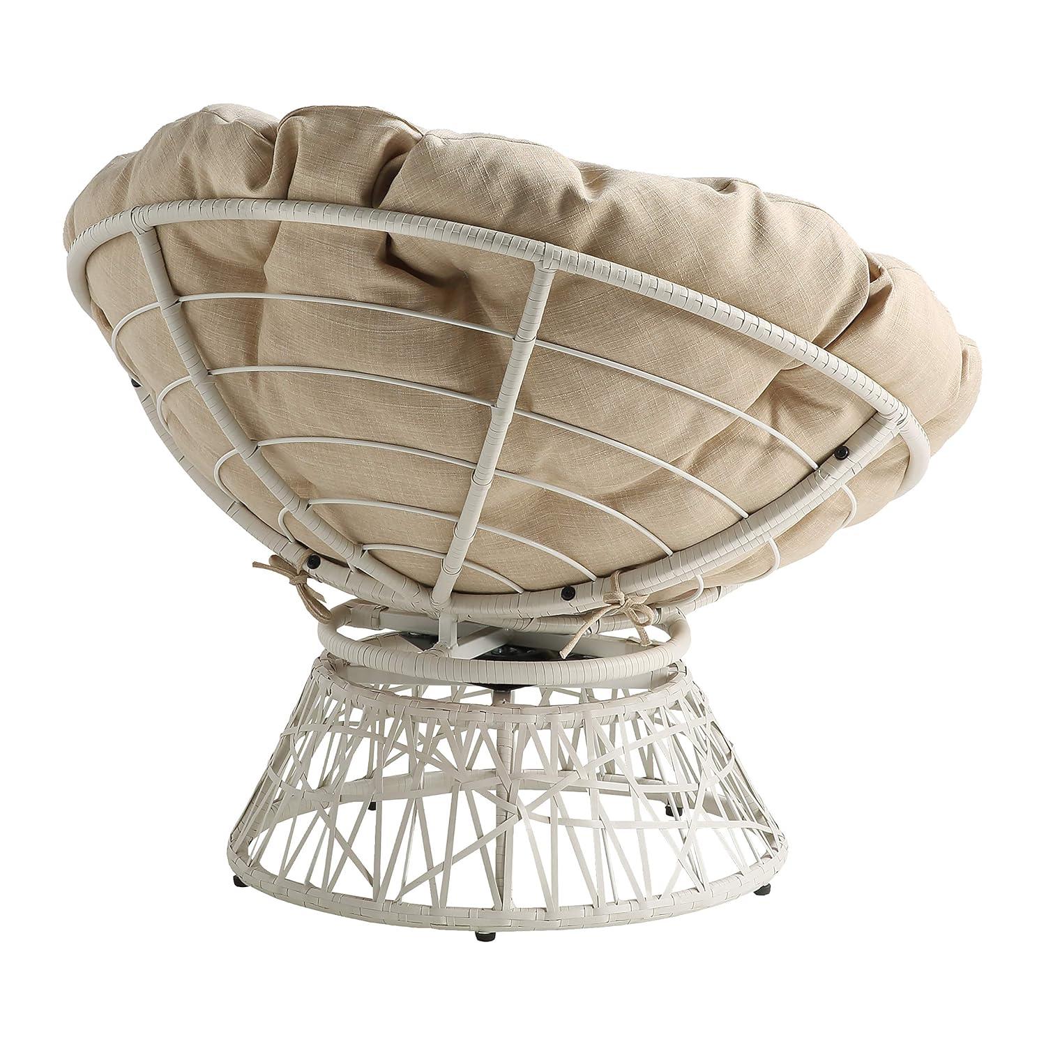 Papasan Chair with Cream Round Fabric Pillow Cushion and Cream Wicker Weave