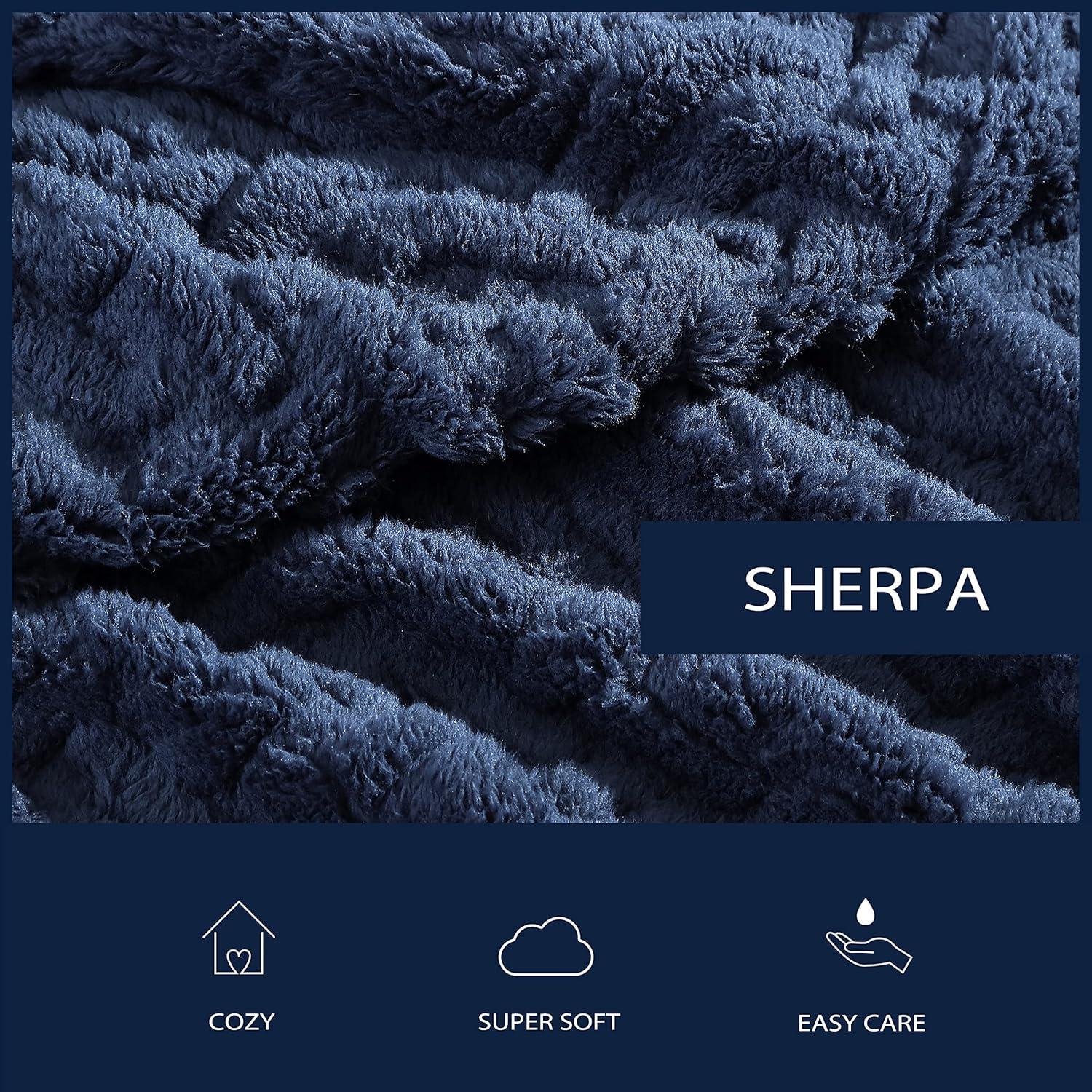 Navy Heavyweight Cable Knit Sherpa Reversible Blanket