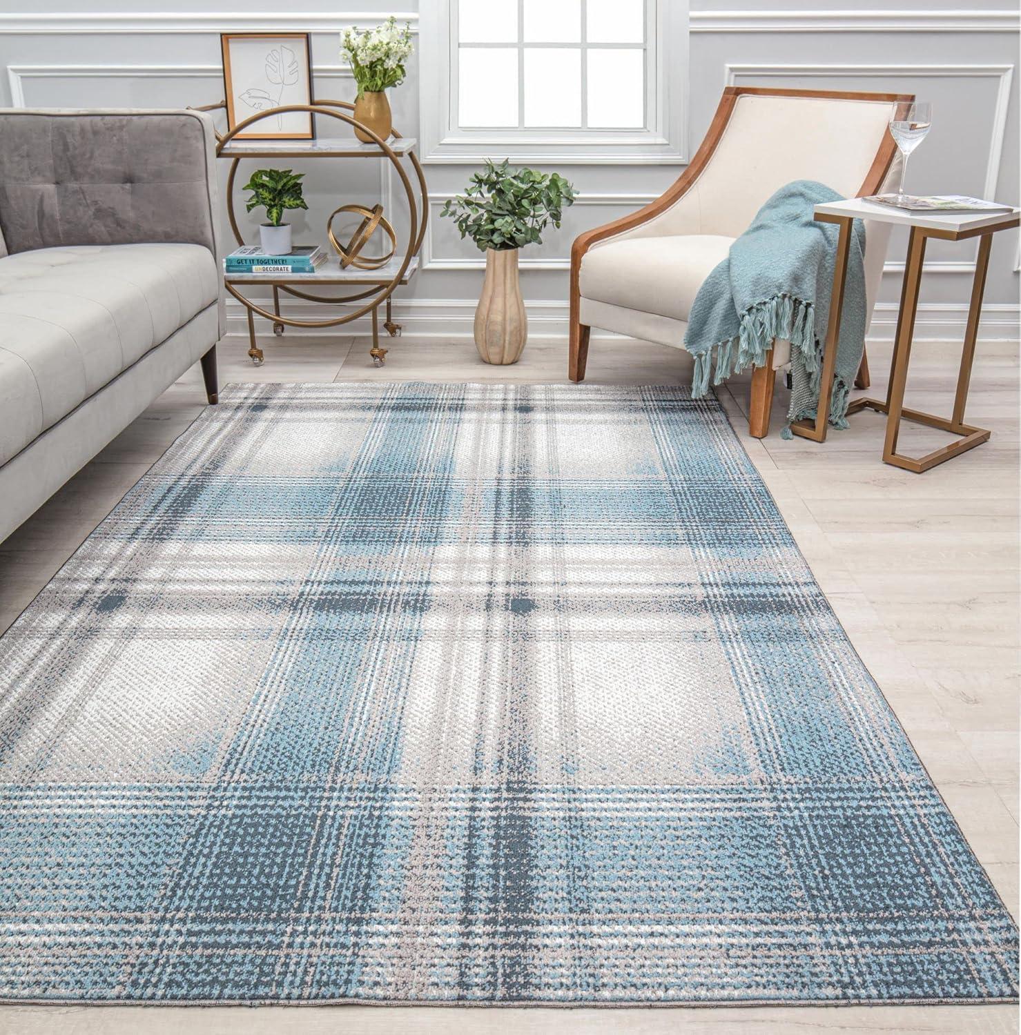 Rugs America Jaelyn JD50A Baltic Rapids Plaid Contemporary Blue Area Rug for Dining Room Rug Neutral Rug Living Room Rug Kitchen, 8'0"X10'0"