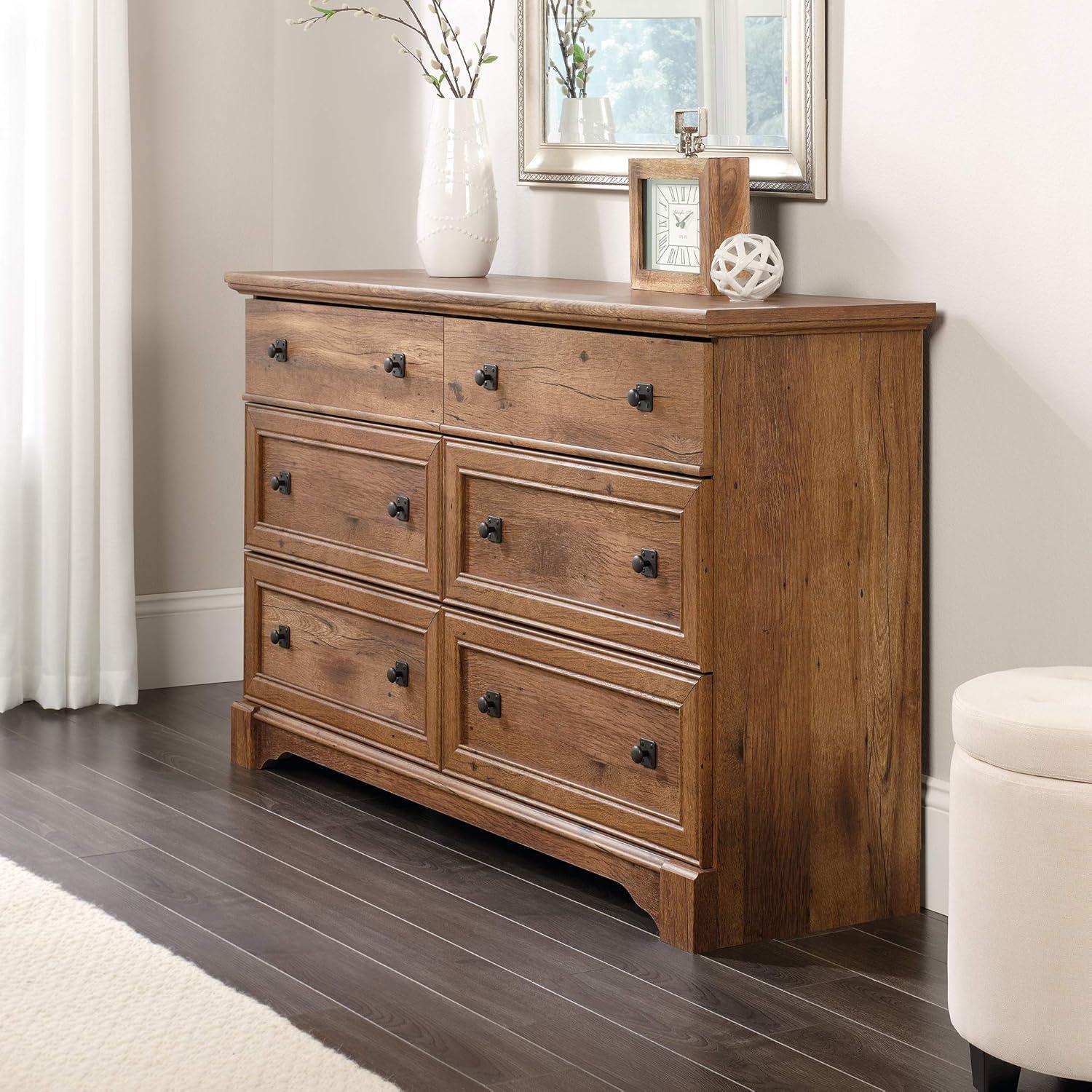 Sauder Palladia Dresser Vintage Oak: 6-Drawer Storage, Laminated Particle Board, Bedroom Organizer