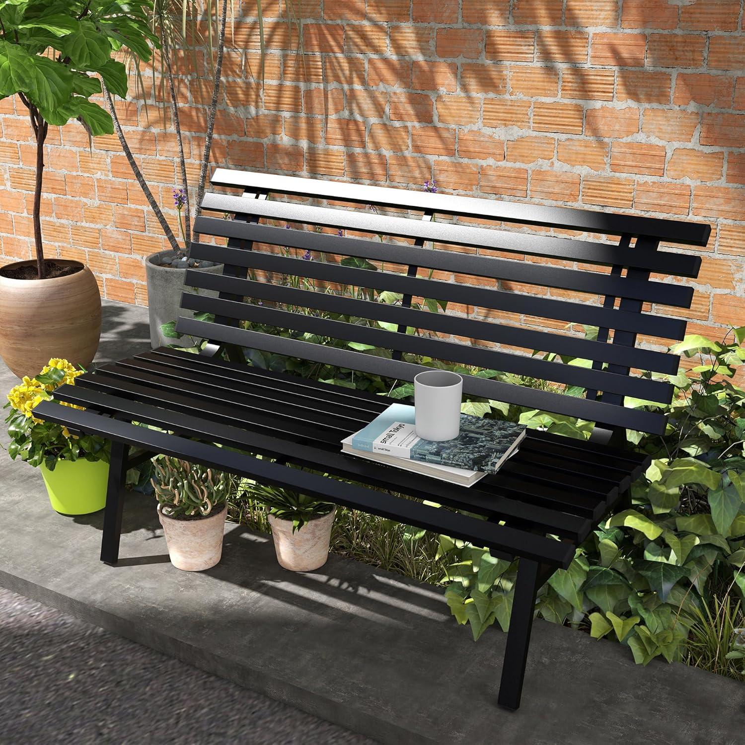 Black Aluminum Outdoor Patio Garden Bench with Slatted Seat