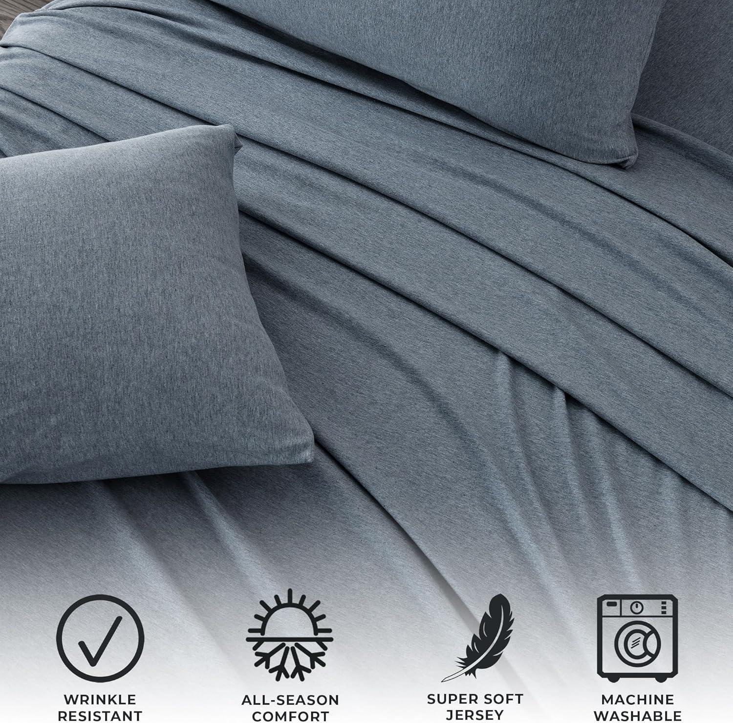 Ultra-Soft Heathered Jersey Knit Cotten Blend Sheet Set - Great Bay Home (Full, Heathered Denim Blue)