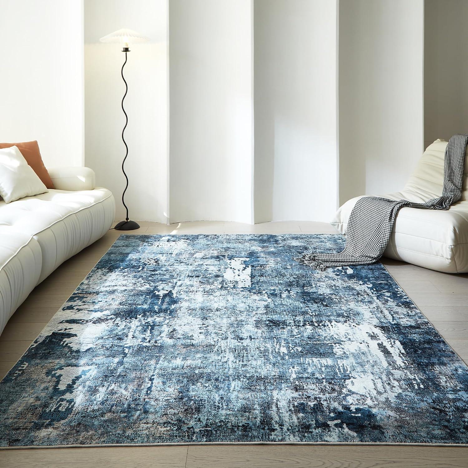 WhizMax 5'x7' Modern Blue Abstract Area Rug Machine Washable Contemporary Rug Soft Foldable Thin Accent Rug Anti-Slip Non-Shedding Floor Carpet