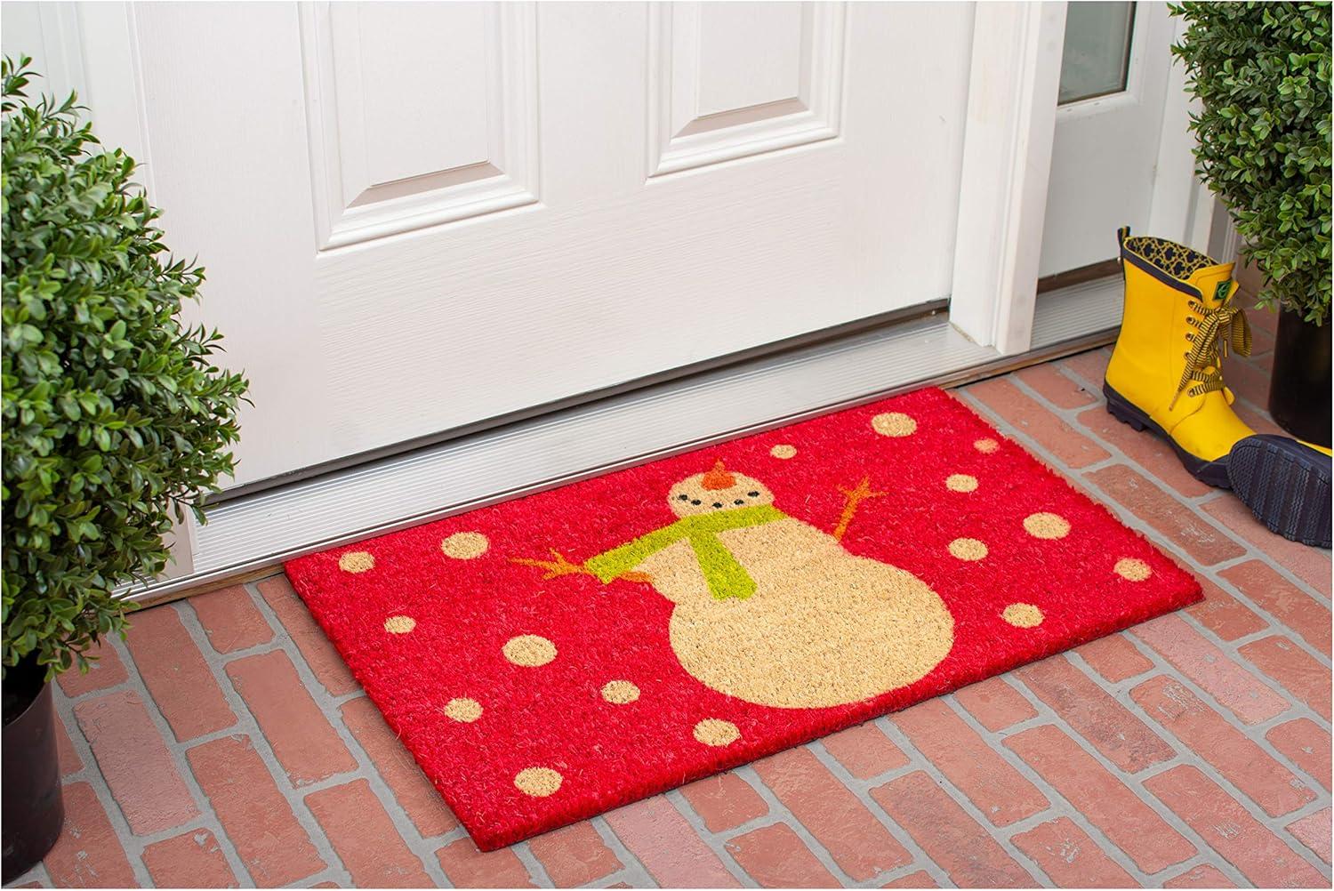 Festive Red and Green Coir Snowman Outdoor Christmas Doormat