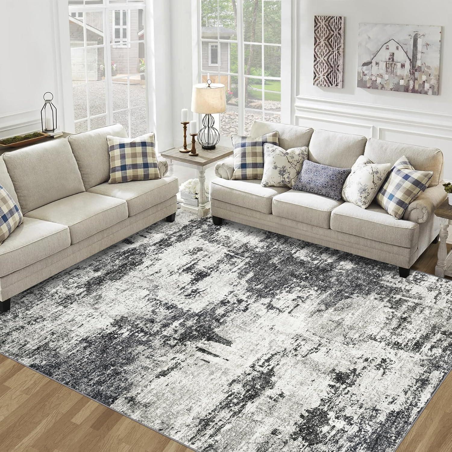 5' x 7' Black and Gray Abstract Washable Area Rug