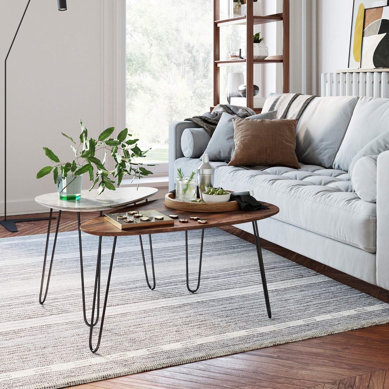 34" Bodhi Wood and Faux Marble Nesting Coffee Table Set Walnut/White Marble/Matte Black - Nathan James