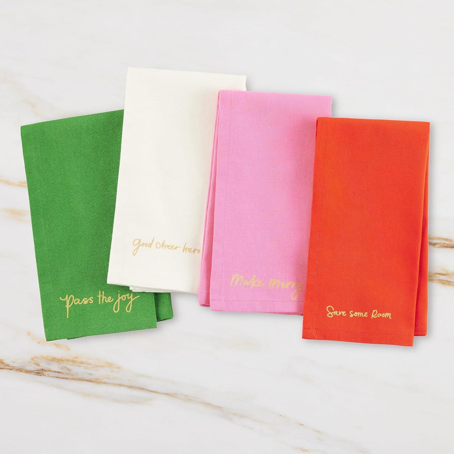 Kate Spade New York Cheers Cloth Napkins 4-Pack, 100% Cotton with Metallic Holiday Quote