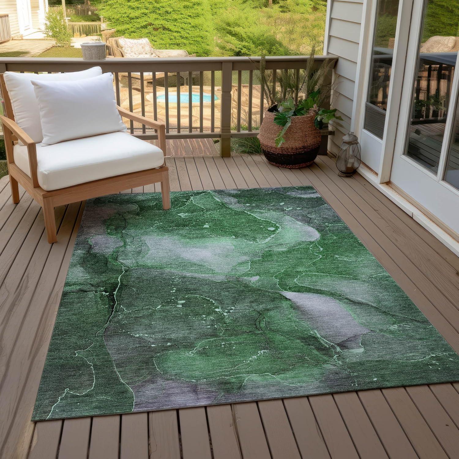 Emerald Green Abstract Watercolor Washable Synthetic Area Rug 3' x 5'