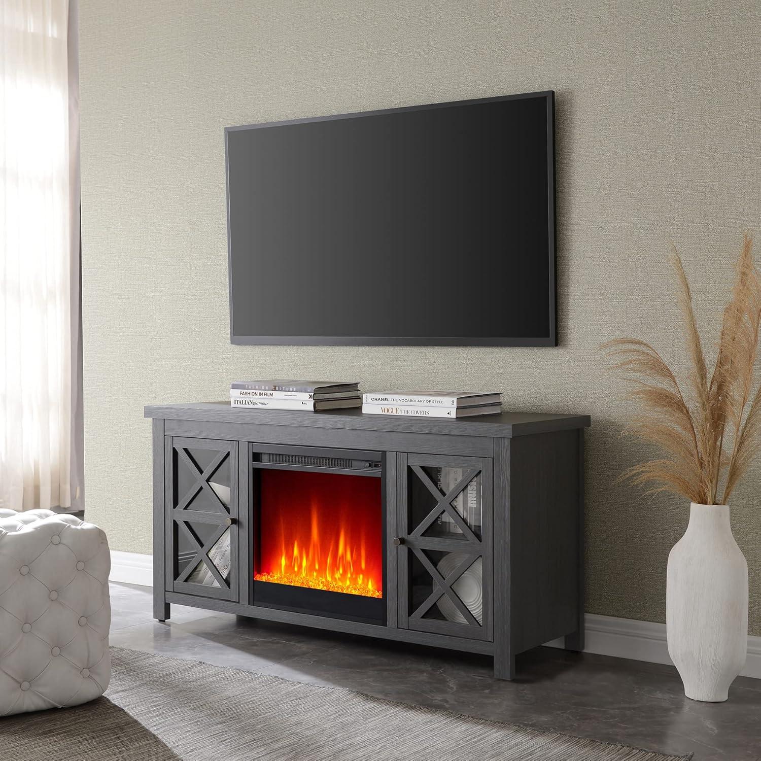 Colton 55" Charcoal Gray Metal TV Stand with Crystal Fireplace and Cabinet