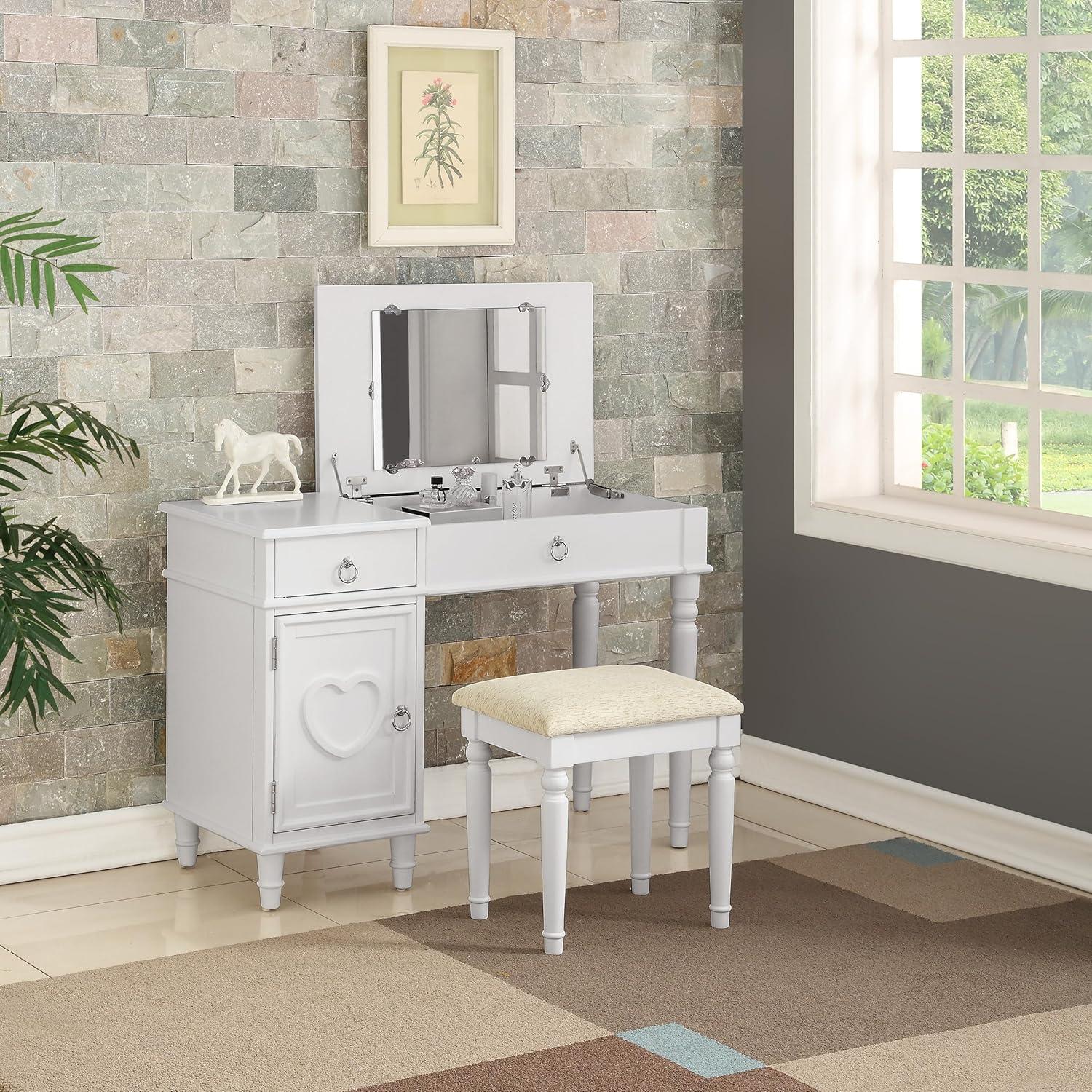 White Wooden Vanity Set with Mirror and Bench