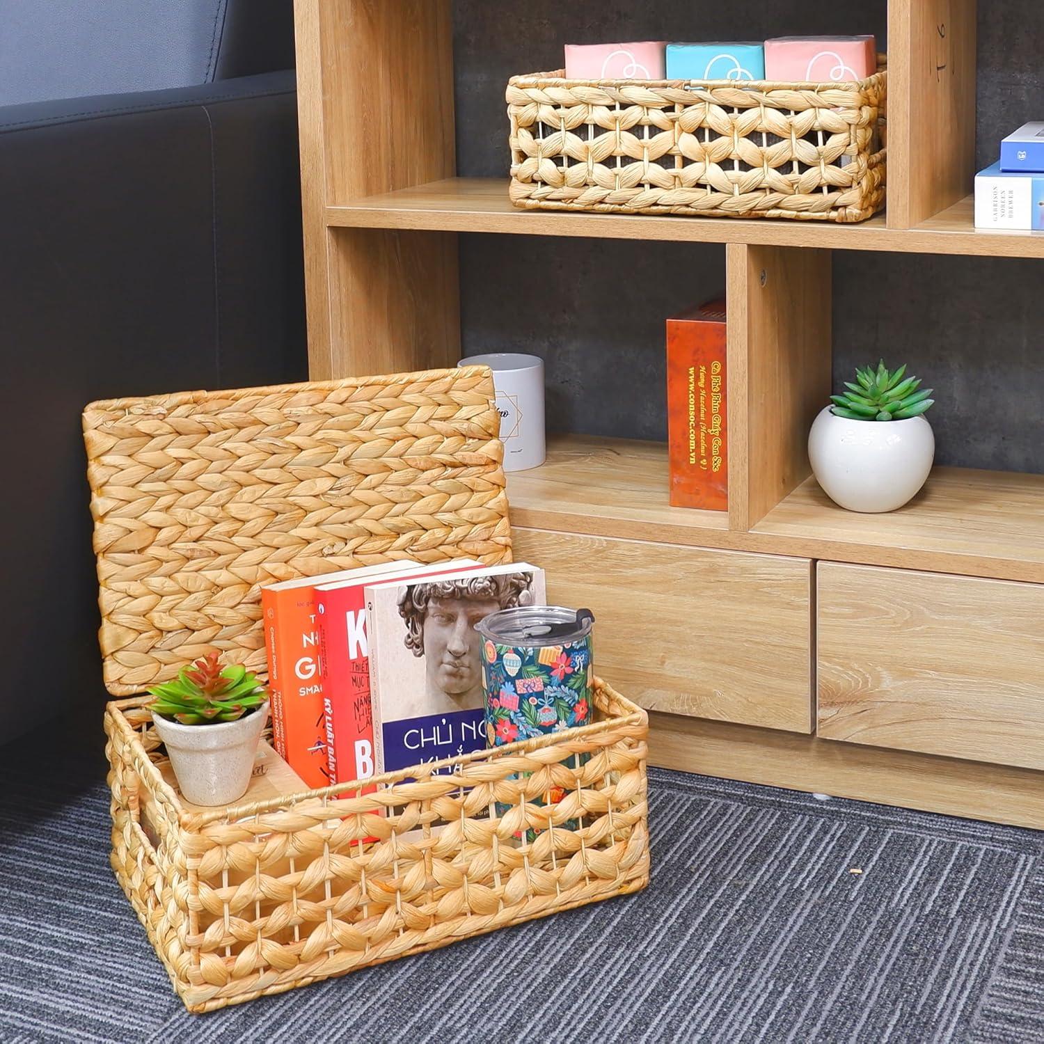 Set of 2 Natural Rattan Rectangular Storage Baskets with Lids