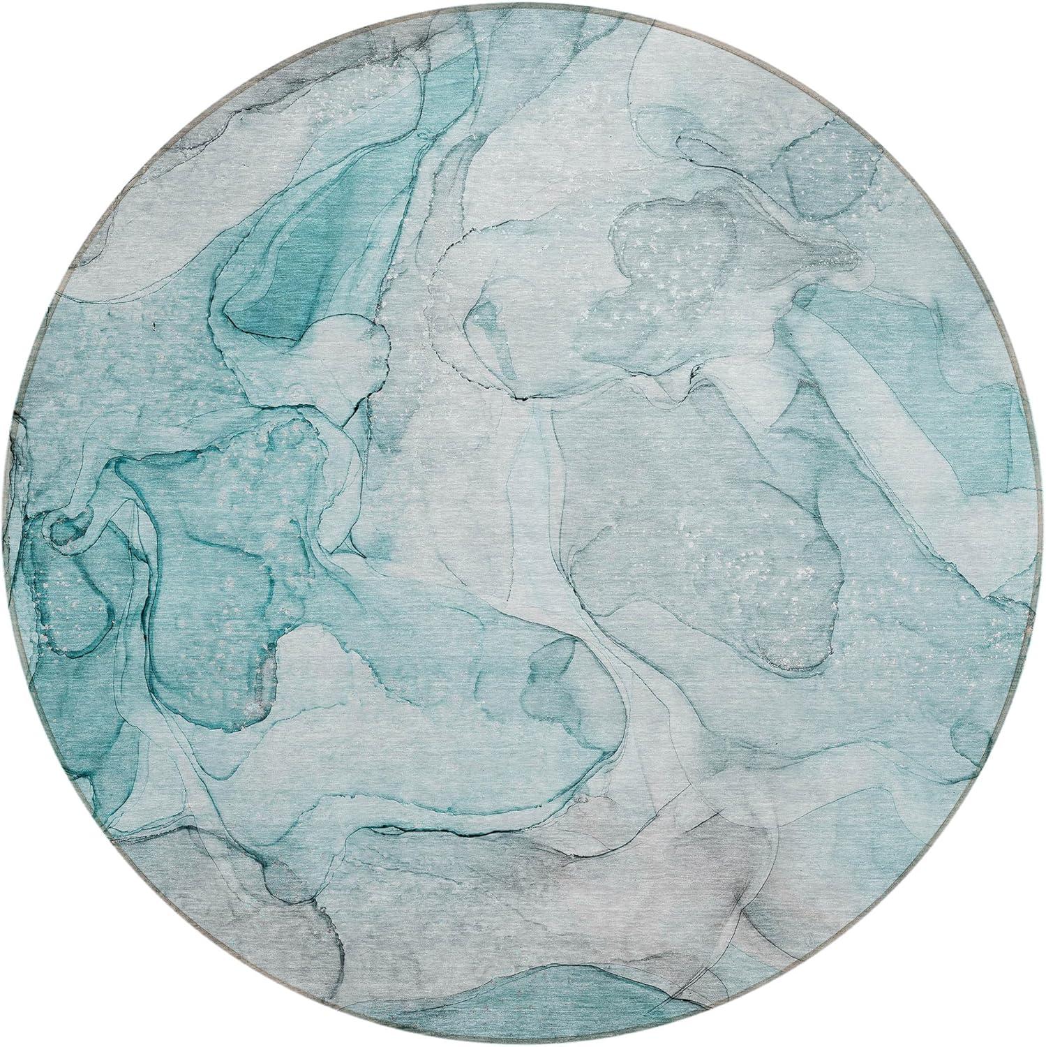 Addison Rugs Chantille Indoor/Outdoor Transitional Watercolors Teal Washable Round Rug, 8' x 8'