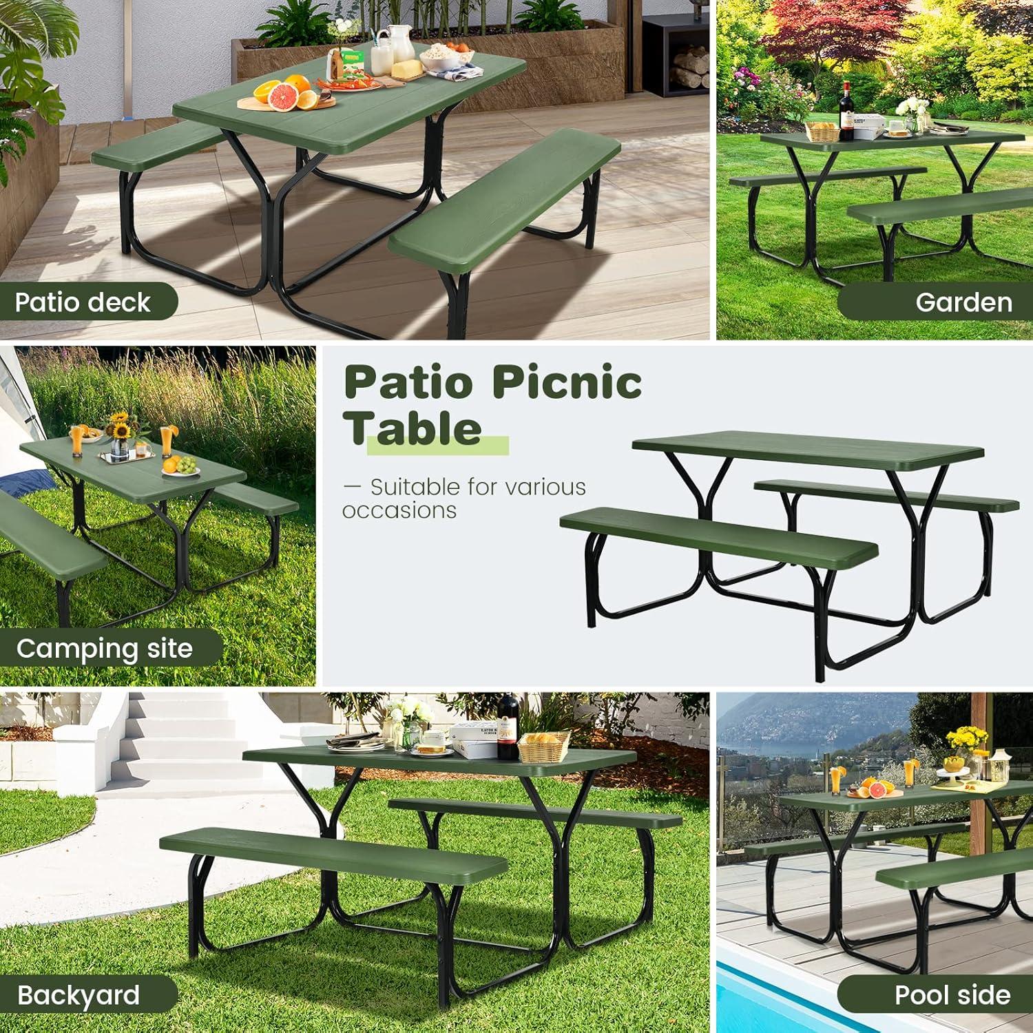 Spaco Picnic Table Bench Set for Outdoor Camping -Green, Furniture Conversation Sets, Coffee Table for Garden, Poolside, Backyard