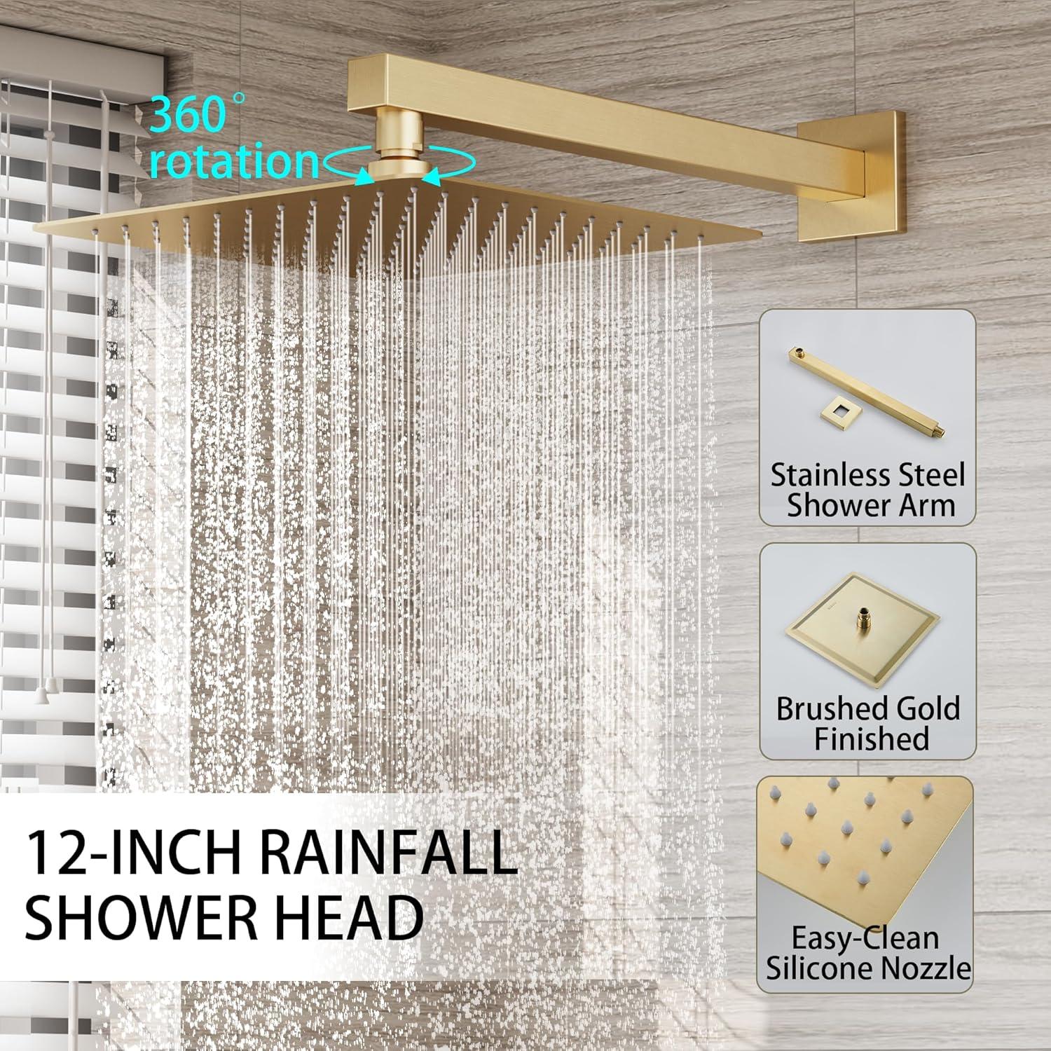 Shower system, 12" (approx. 30.5 cm) rain shower head and handheld spray bathroom shower unit with brass valve and wall trim kit Gold