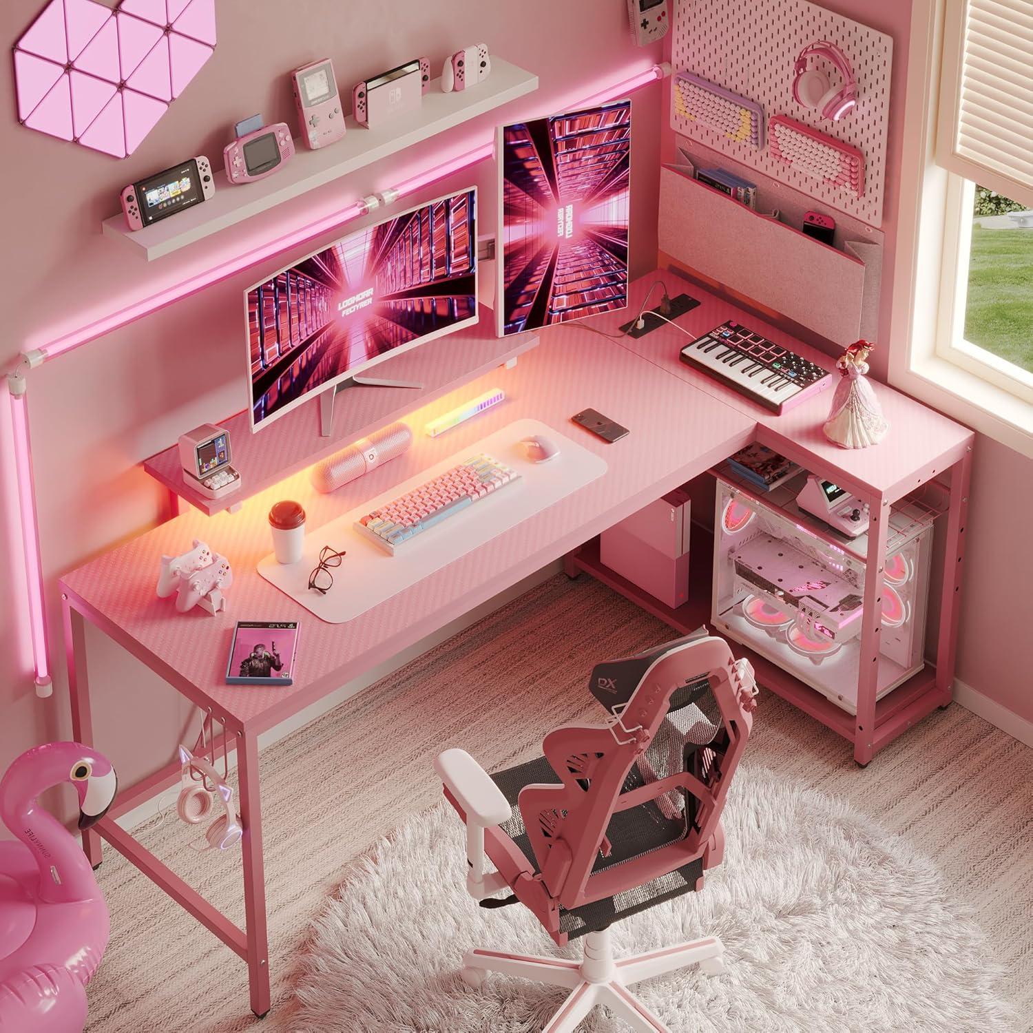 Bestier 58" Gaming Desk with LED Lights L Shaped Desk with Power Outlet & Monitor Stand Corner Computer Desk in Pink