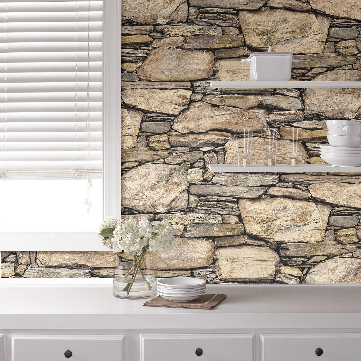 NuWallpaper Hadrian Stone Wall Vinyl Peel And Stick Wallpaper, 216-in by 20.5-in, 30.75 sq. ft.