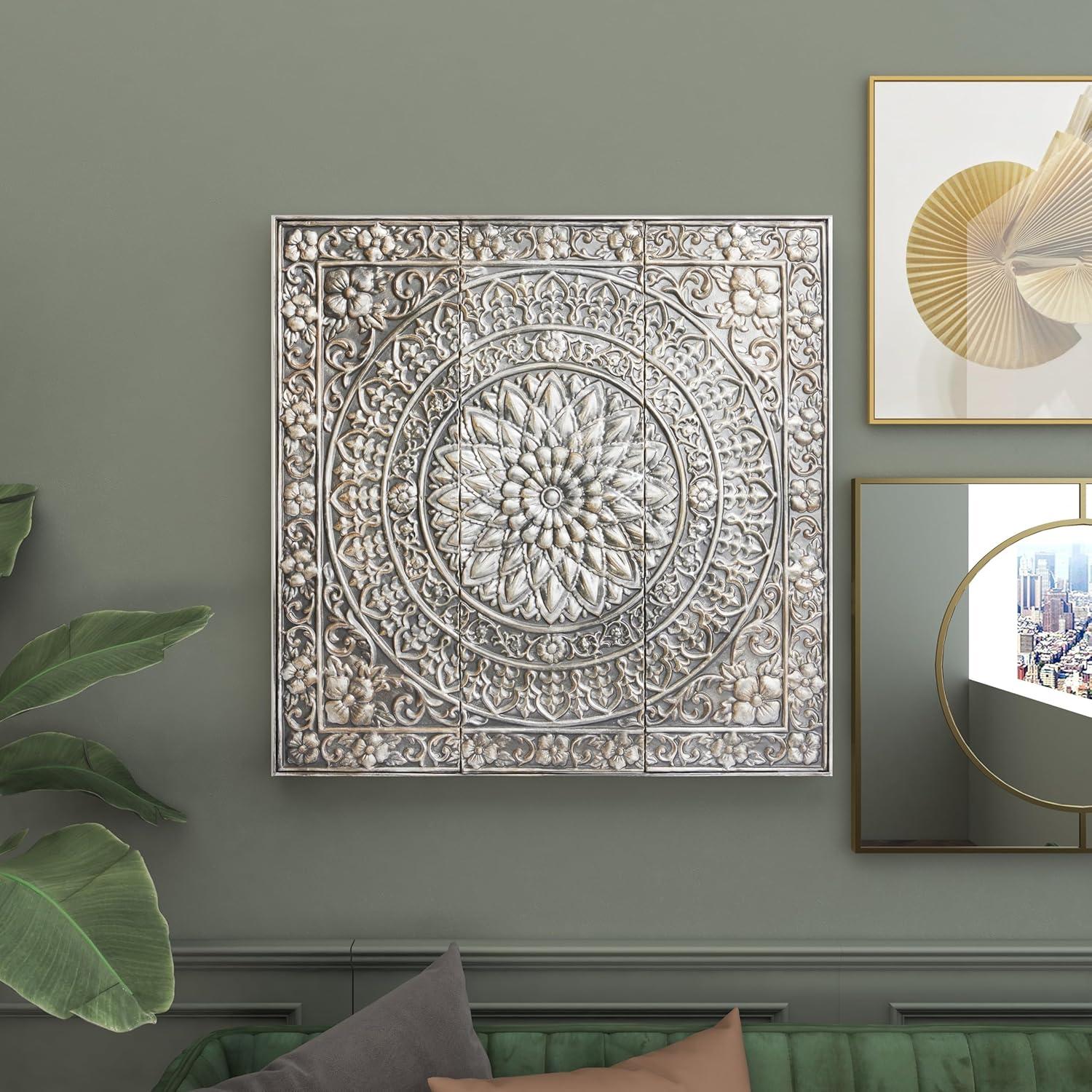 DecMode Silver Metal Scroll Wall Decor with Embossed Details