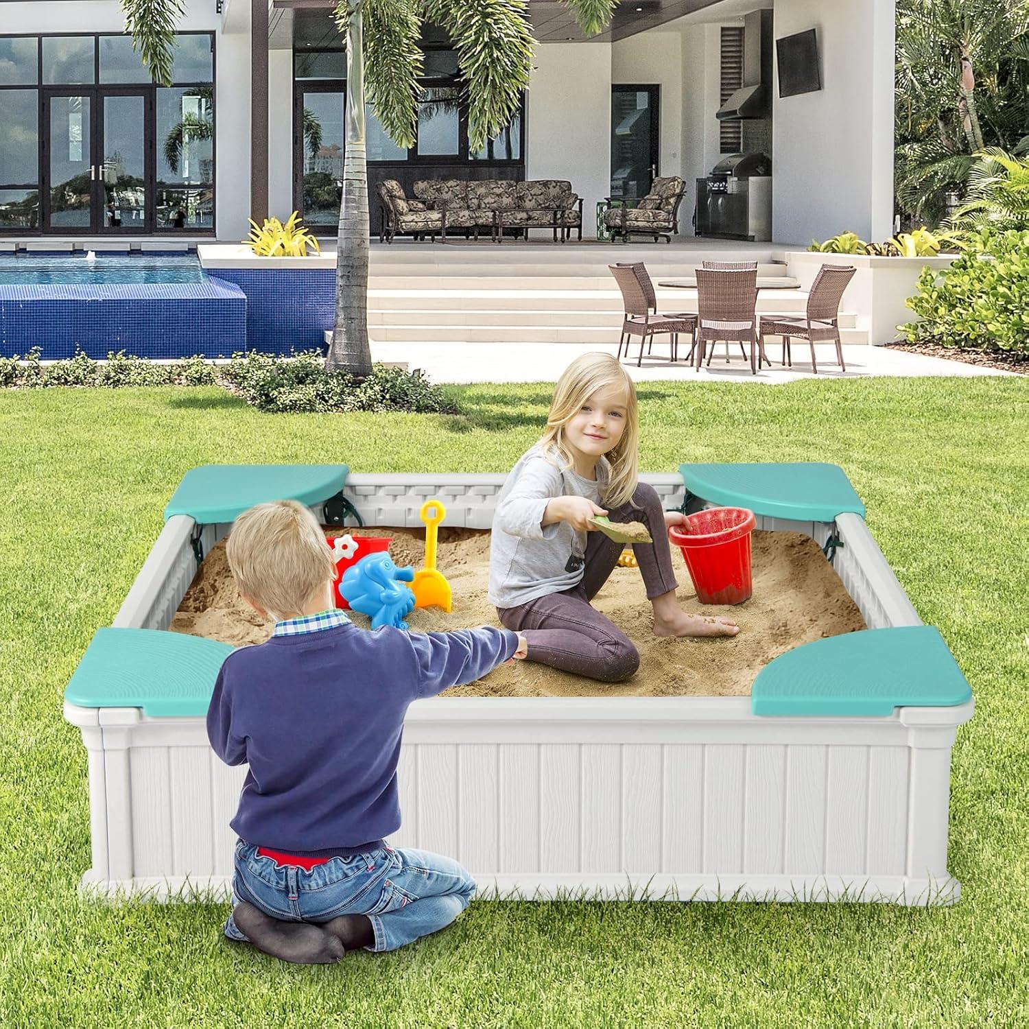 Spaco Kids Outdoor Sandbox with Oxford Cover and 4 Corner Seats, Backyard Sandbox, Kids Sand Activity Sensory Play Pit, Toddler Summer Outdoor Toys, 1+ Years Old
