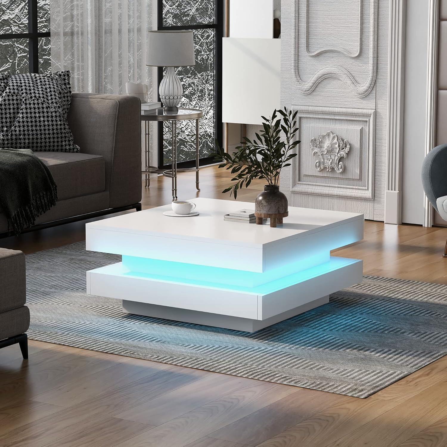 White Square LED Coffee Table with Storage and High Gloss Finish