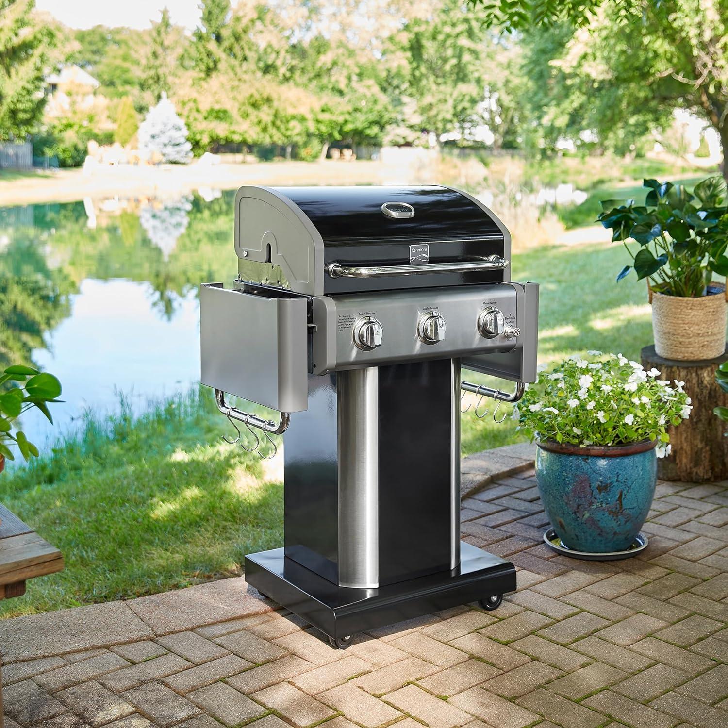 Kenmore 3-Burner Propane Gas Grill with Foldable Side Tables for Outdoor BBQ