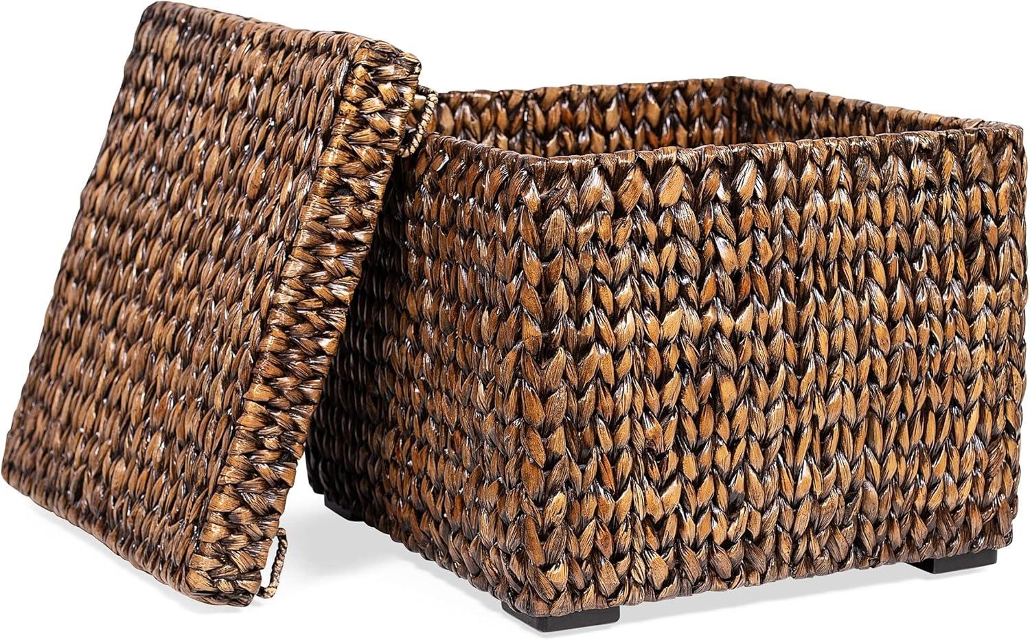 Storage Cube Box with Lid - Brown Wash Seagrass - Hand Woven Container for Blankets Pillows - Sturdy Metal Frame