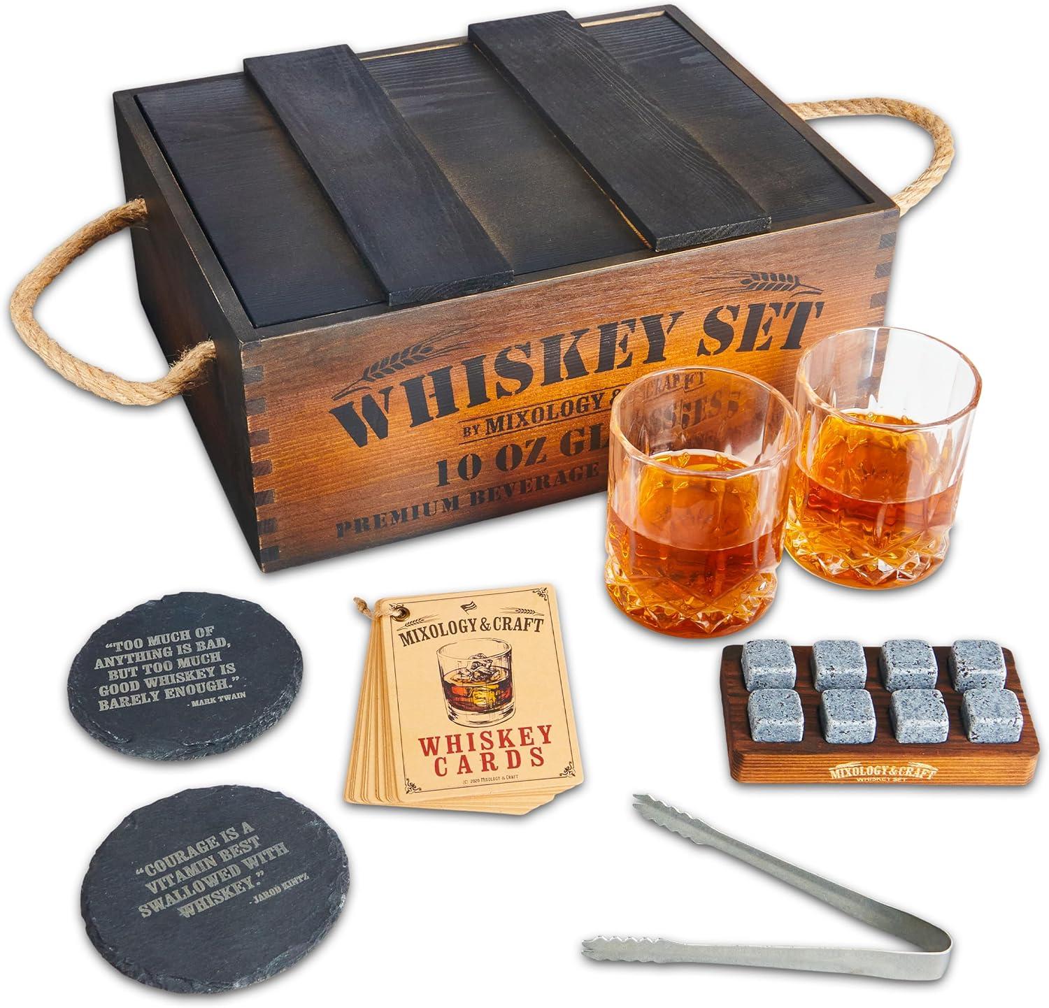 Rustic Wooden Whiskey Gift Set with Granite Stones and Crystal Glasses