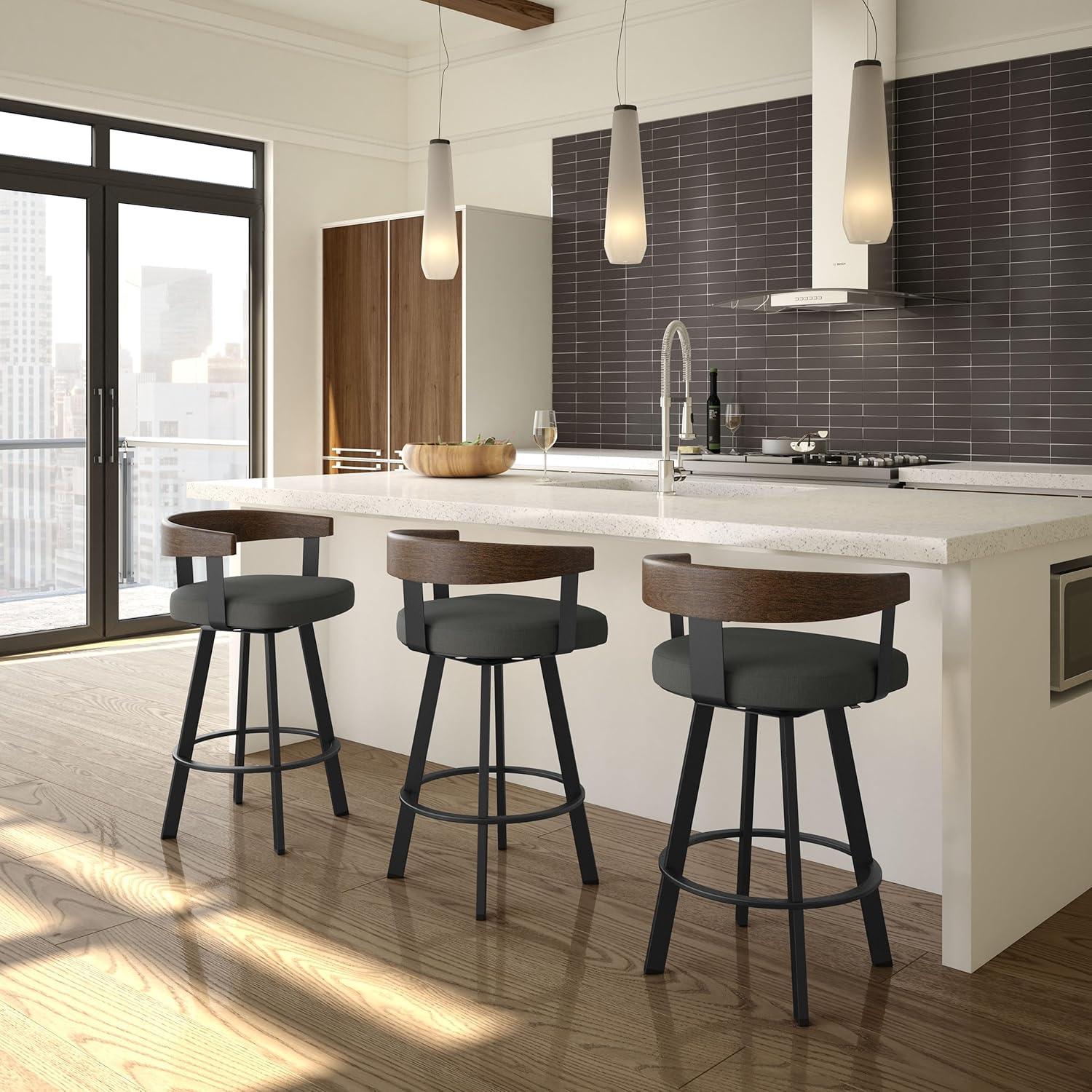 30" Lars Barstool & Gray/Dark Brown - Amisco: Swivel, Upholstered, Metal Frame, Modern Design