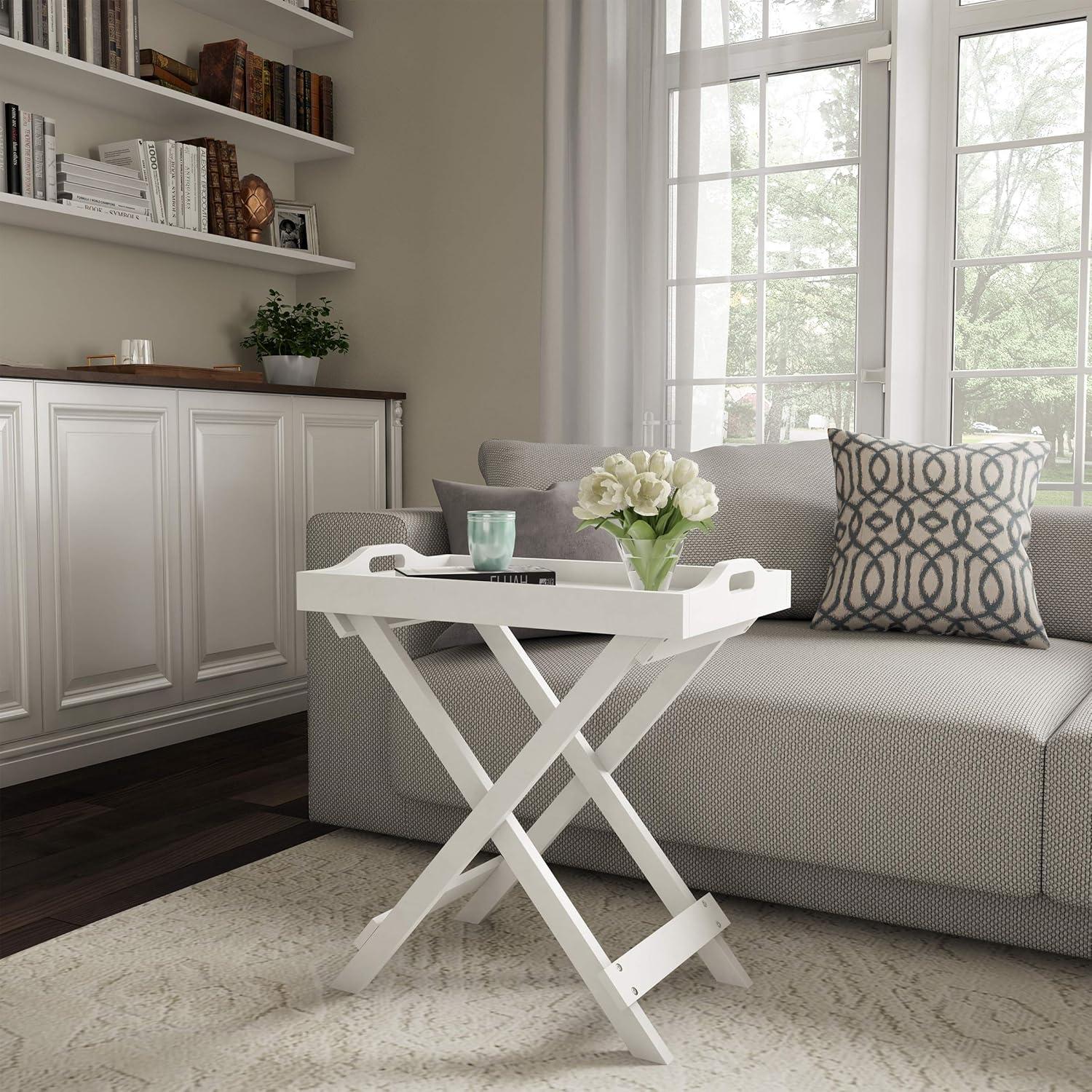 Elegant White Folding End Table with Removable Tray