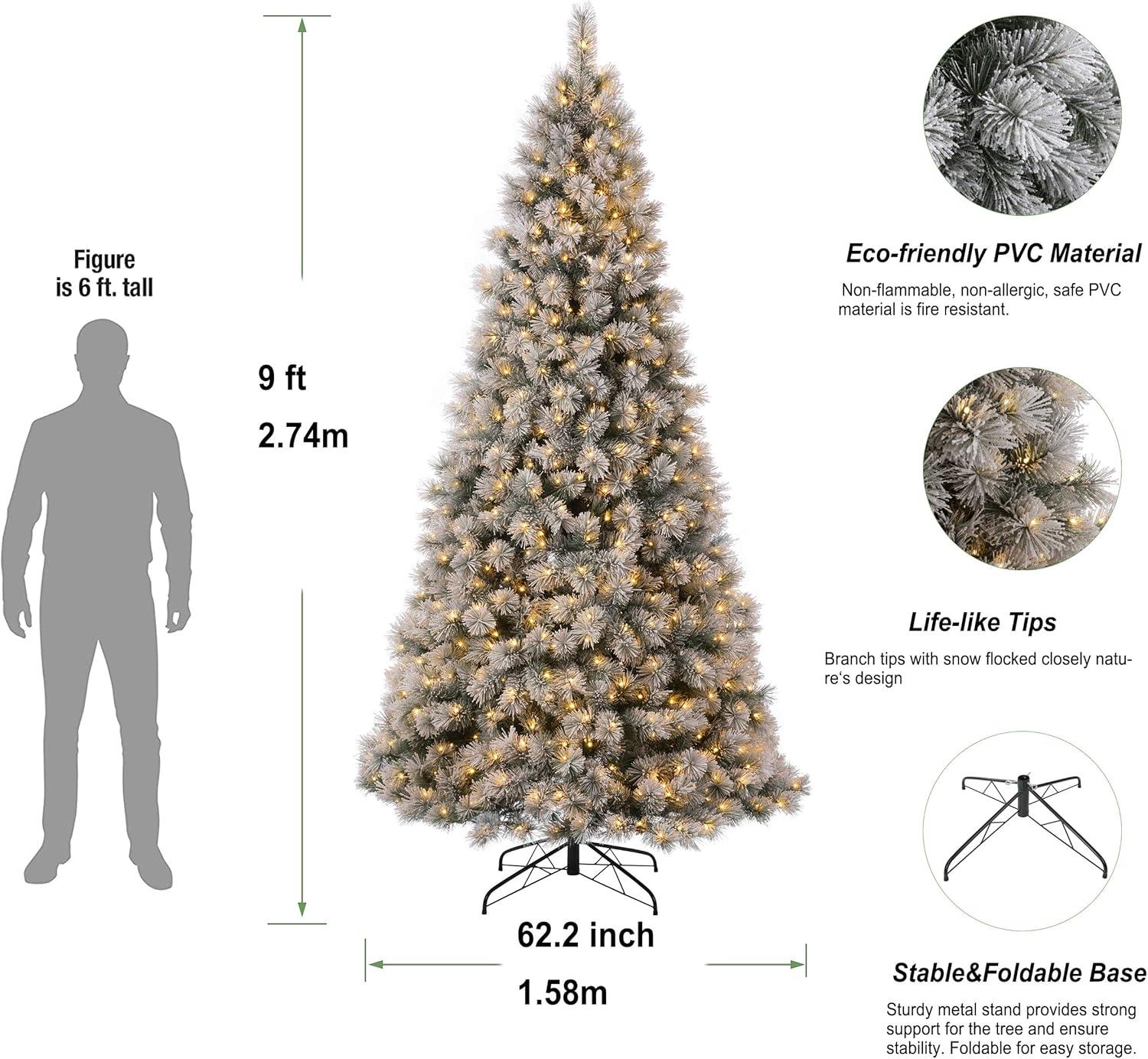 Glitz Design Glitzhome 9ft Pre-Lit Snow Flocked Artificial Pine Christmas Tree With 900 Warm White