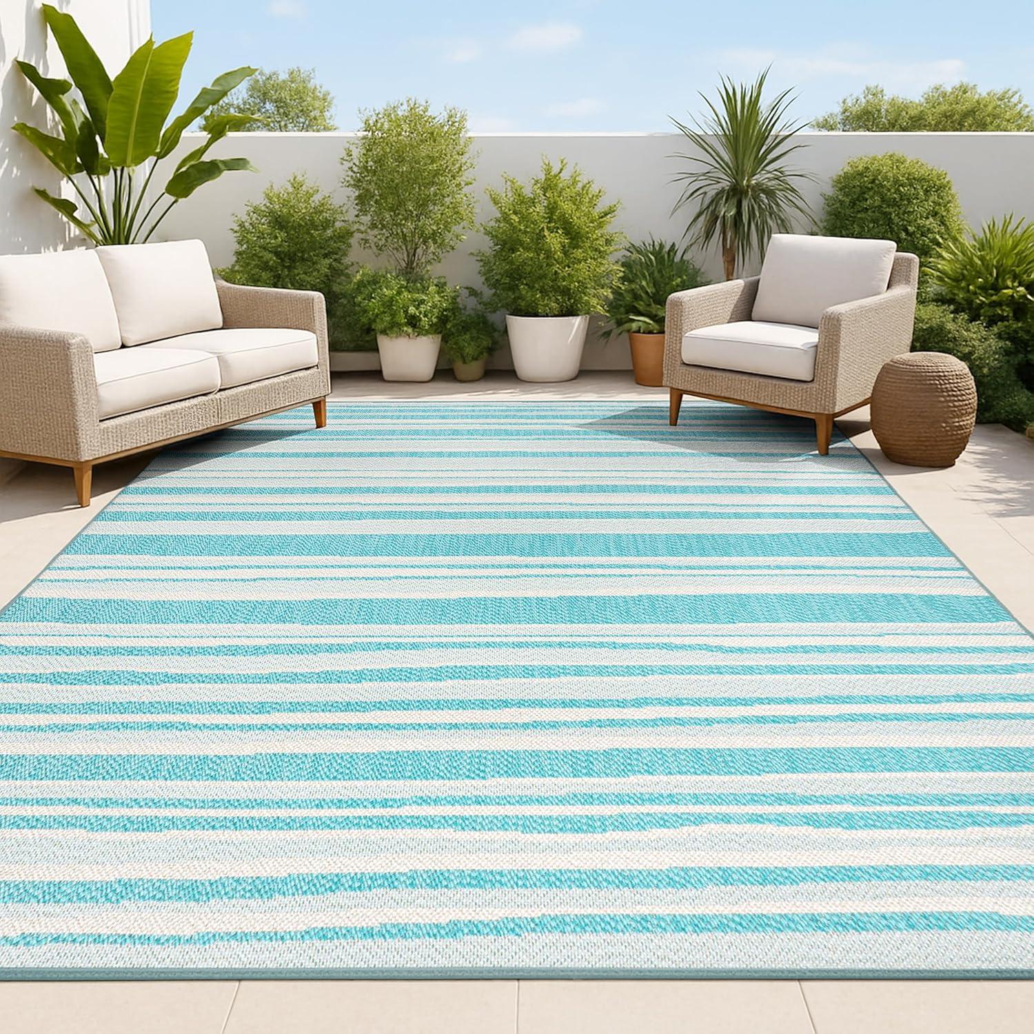 4' x 6' Castara Wavy Stripe Modern Indoor/Outdoor Area Rug, Aqua/Cream - JONATHAN Y