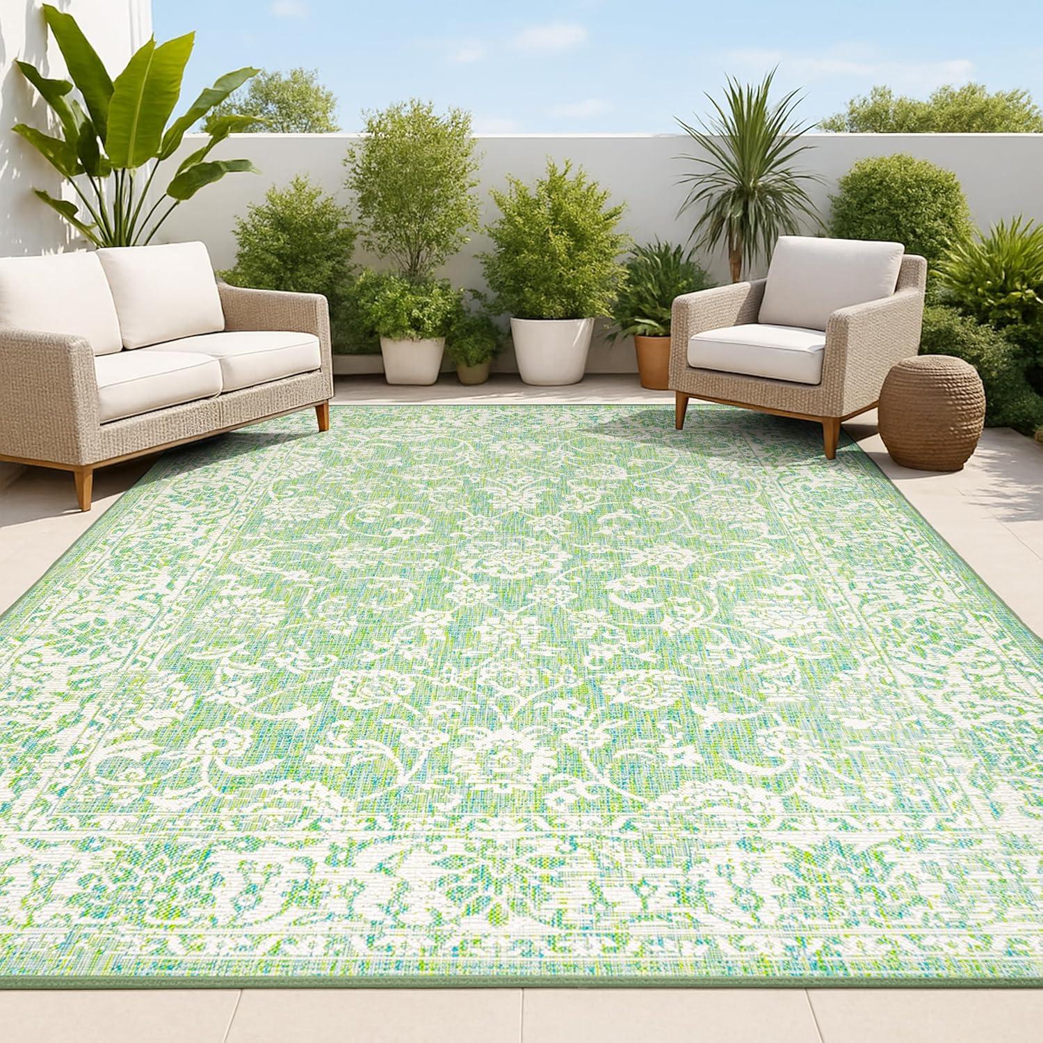9' x 12' Tela Bohemian Textured Weave Floral Indoor/Outdoor Area Rug, Cream/Green - JONATHAN Y