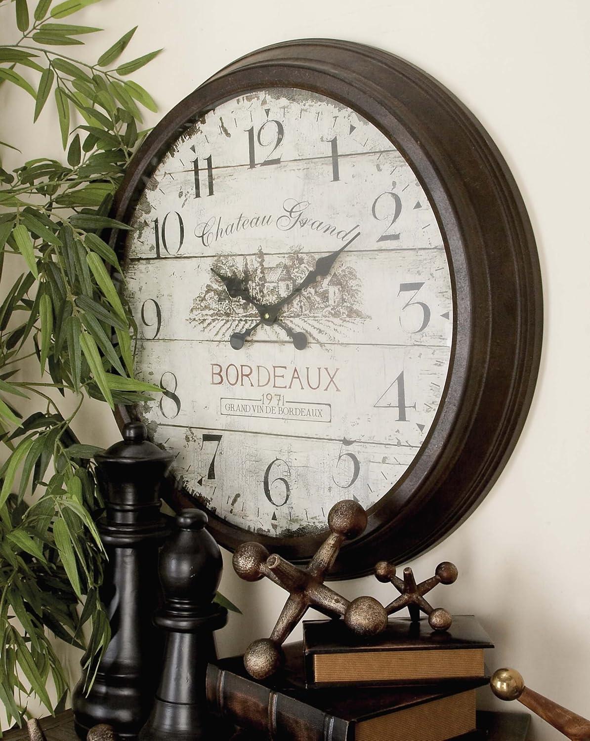 Oversized Brown Metal Wall Clock with Vintage Bordeaux Design