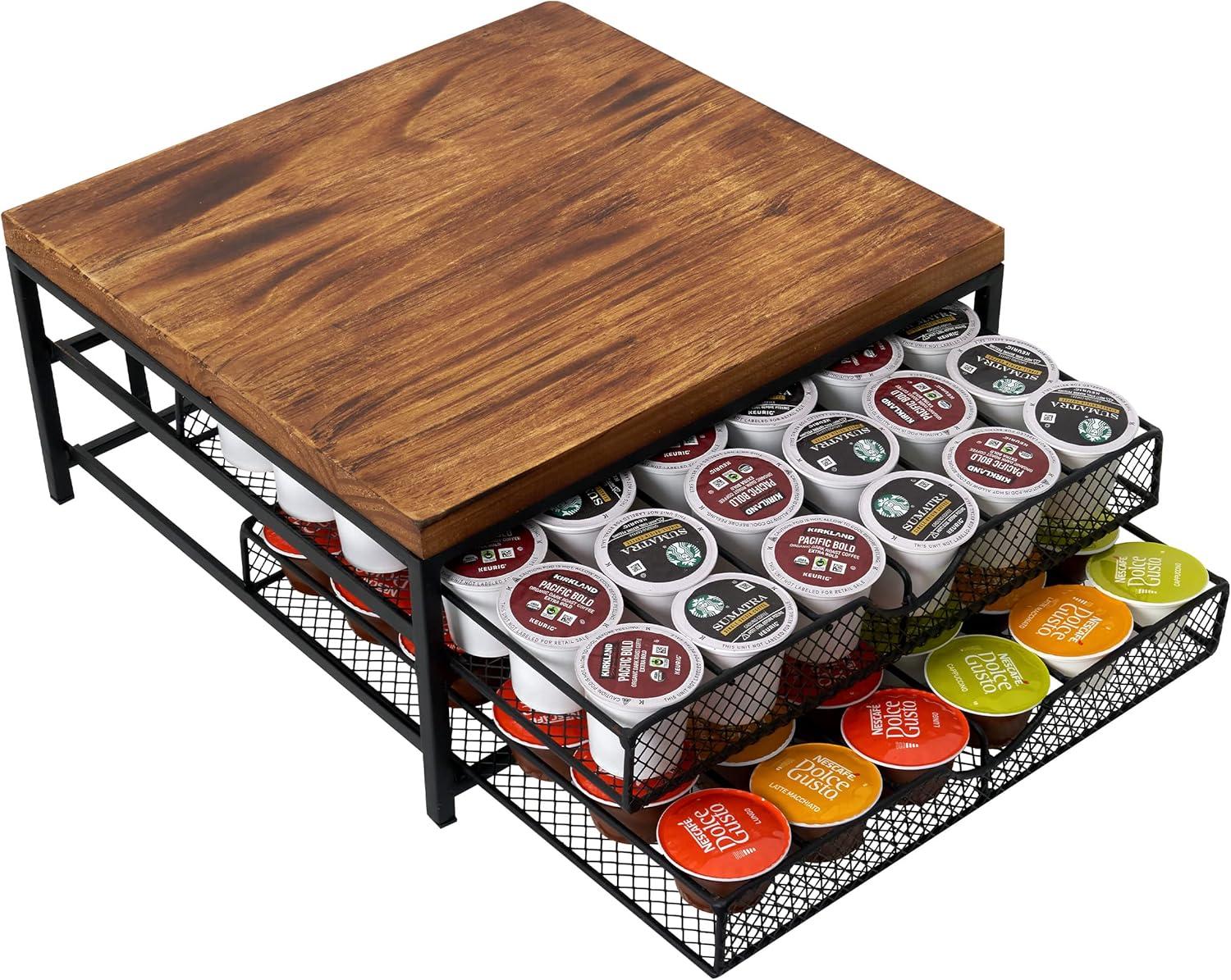 Coffee Pod Holder for K Cup Holder Drawer Holder, Coffee Pod Drawer For Counter, 2 Tier K-Cup Storage With Sliding Baskets, 72 Capacity Pods Organizer Cups Capsule for Coffee Station, Brown