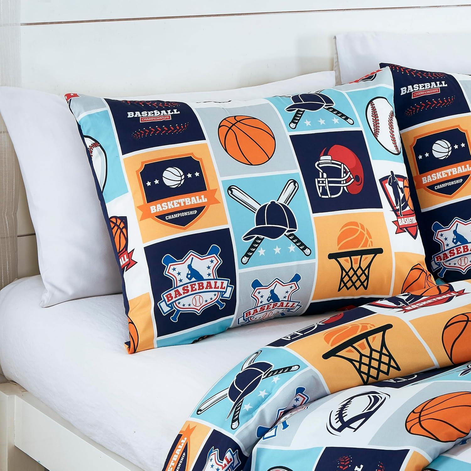 Chezmoi Collection 3-Piece Kids Multi-Color My Sports Basketball Baseball Football Soccer Microfiber Comforter Set, Twin