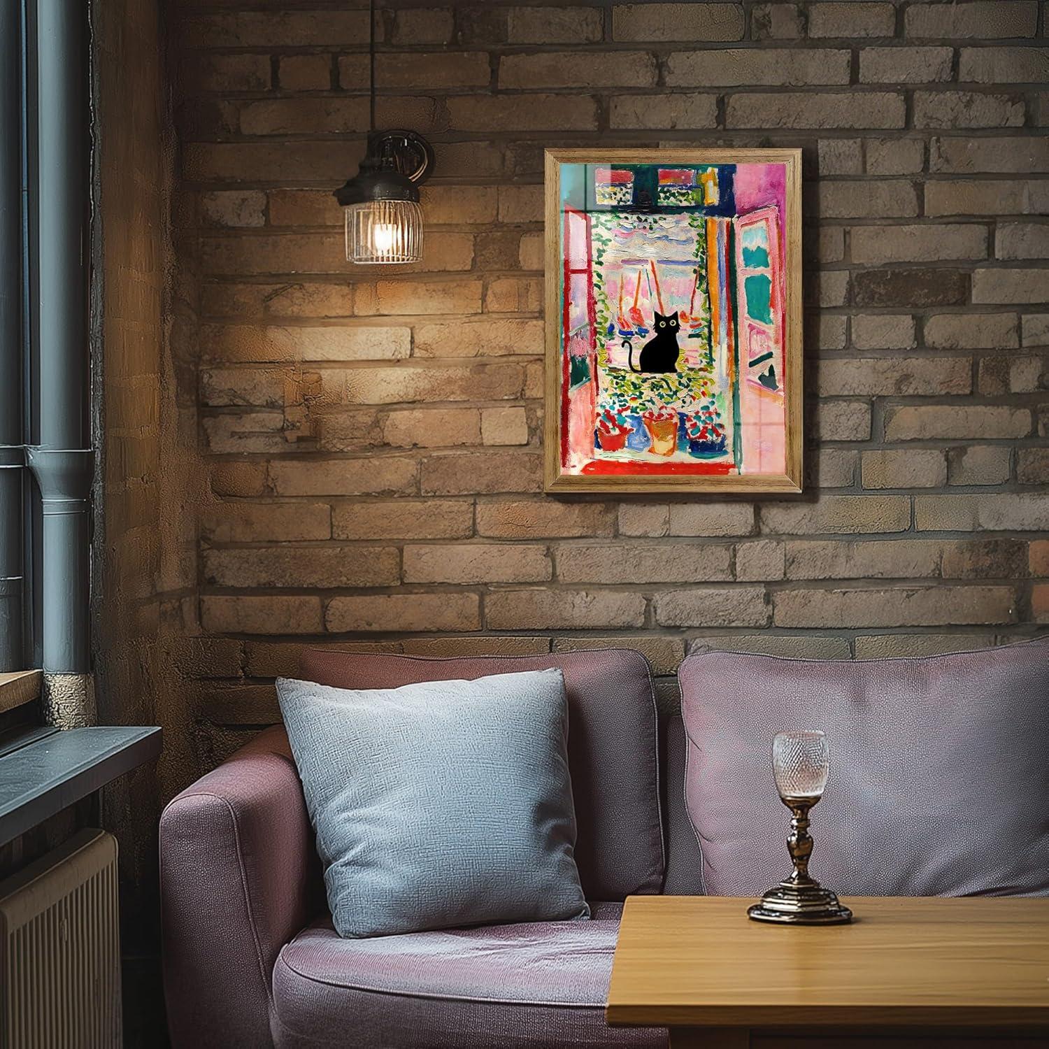 Henri Matisse Oil Paintings on Canvas Wall Art Matisse Famous Open Window Black Cat Poster Funny Cat Floral Print Colorful Farmhouse Gallery Aesthetic Room Decor for Bedroom Bathroom 12x16in Unframed