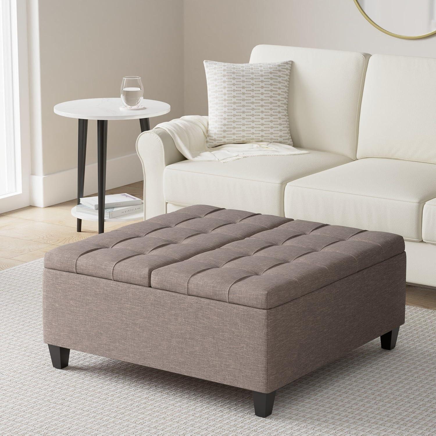 Simpli Home Harrison 36" Transitional Square Coffee Table Ottoman in Fawn Brown Linen Look Fabric