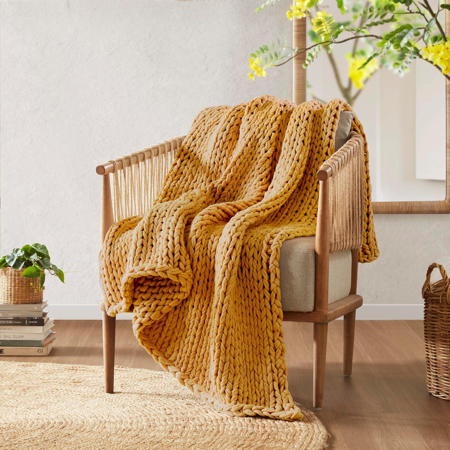 50"x60" Chunky Double Knit Handmade Throw Blanket Yellow - Madison Park: Cozy, Durable, All-Season
