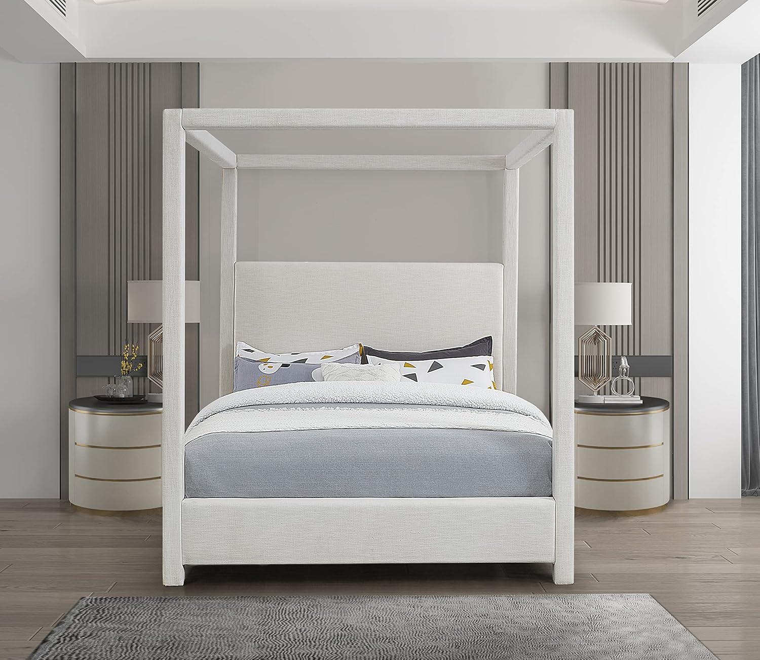Meridian Furniture Emerson Cream Linen Textured Fabric Queen Bed