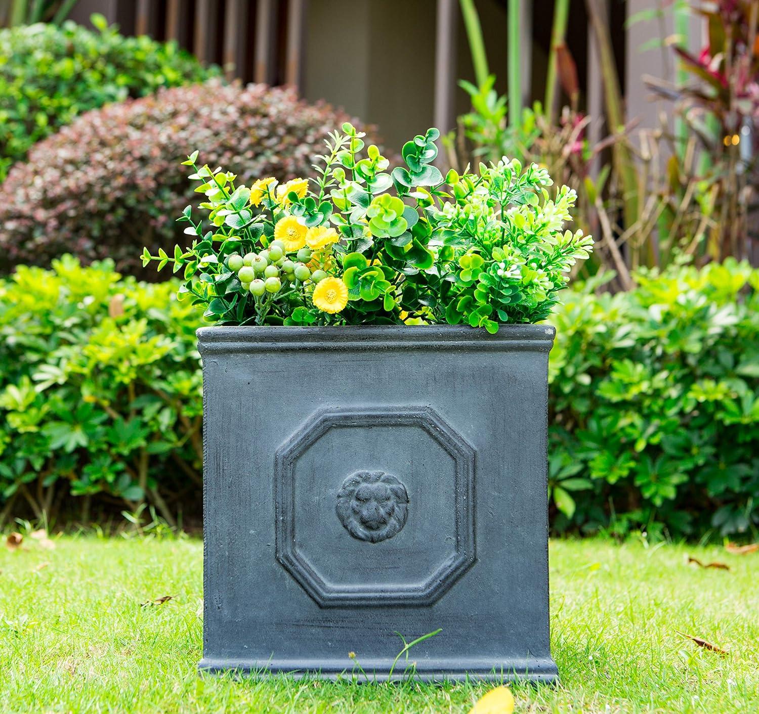 12.6" Kante Lightweight Classic Square English Style Lion Head Concrete Planter Antique Gray - Rosemead Home & Garden, Inc.