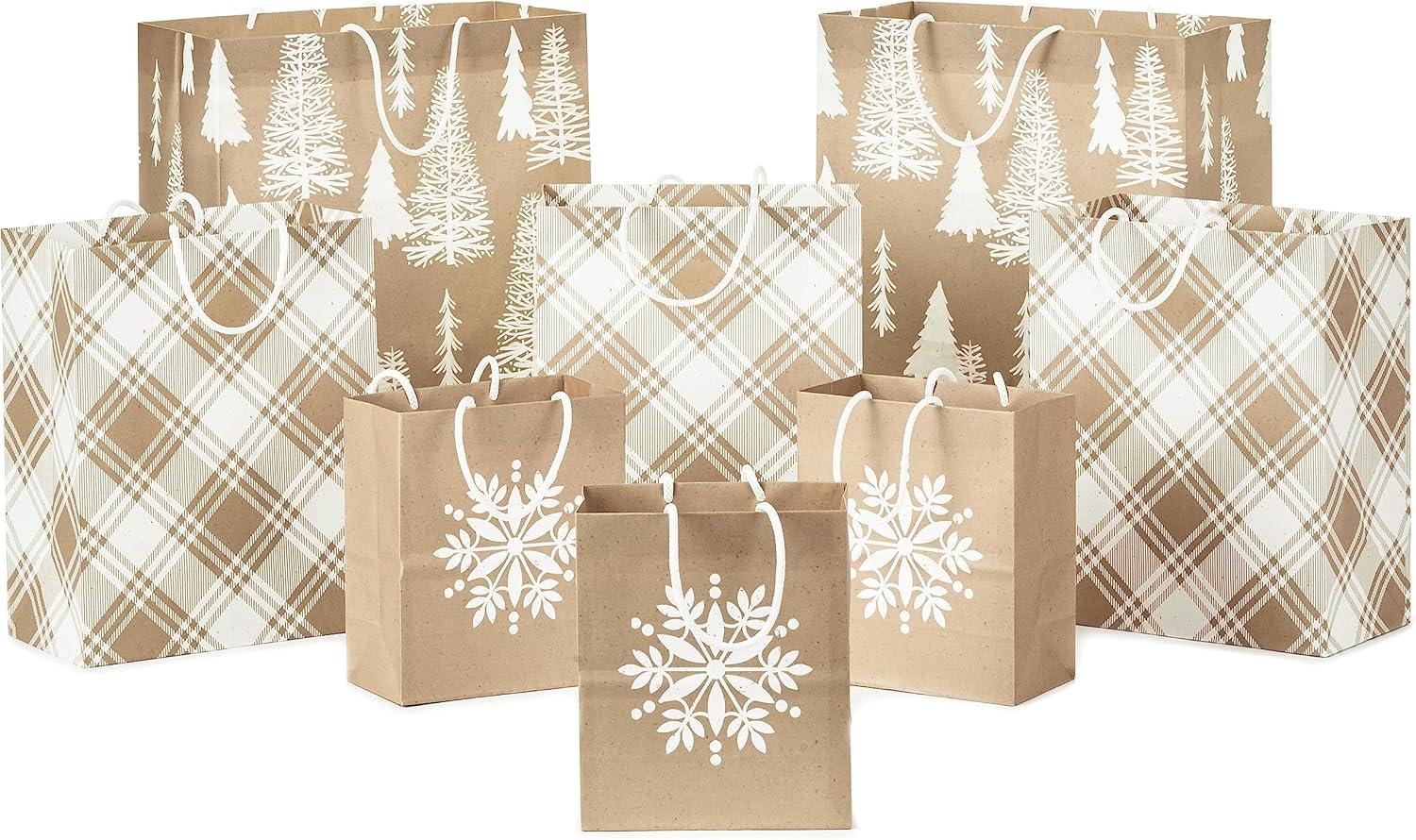 Assorted Kraft Brown Holiday Gift Bags with Tags, Set of 8