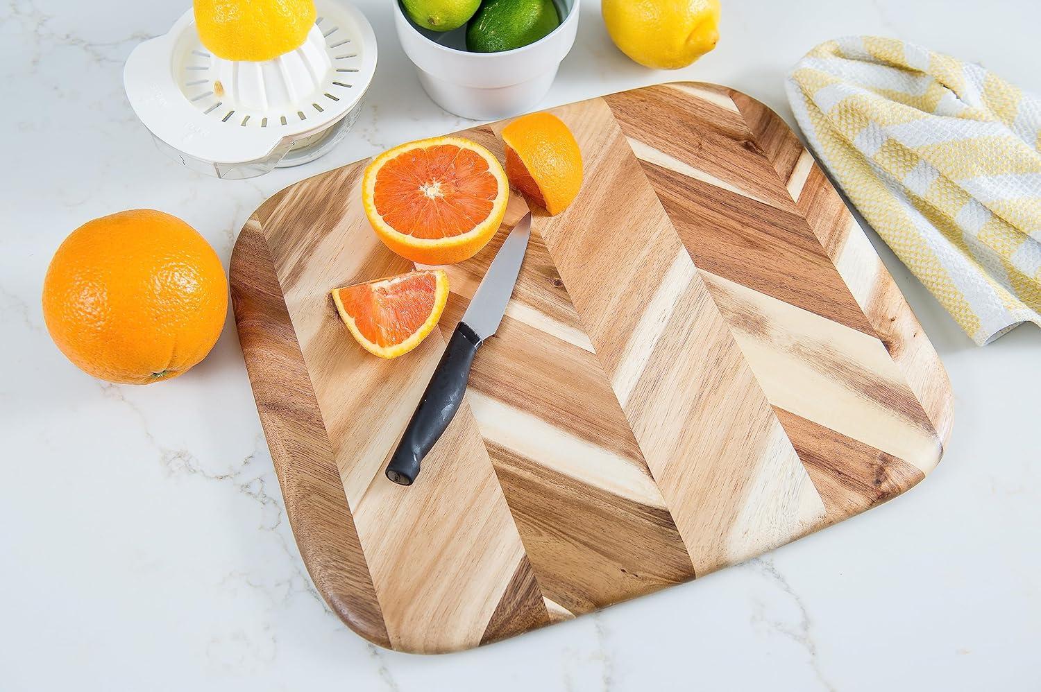 Lipper International Acacia Herringbone Rounded Edge Cutting/Serve Board With Inset Handles, Small