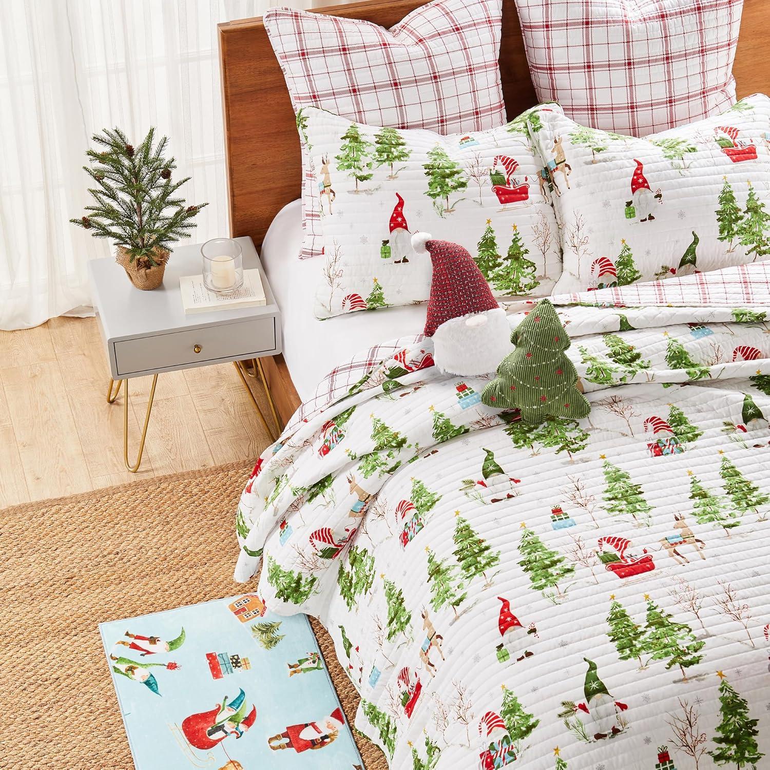 Levtex Home Merry & Bright Collection - Gnome Forest Quilt - Euro Sham - Plaid - Red and White - Quilt (26x26in.) - Reversible - Polyester