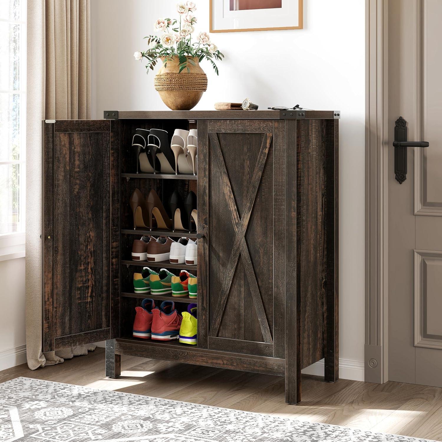 Dark Rustic Oak 5-Tier Wooden Shoe Cabinet with Adjustable Shelves