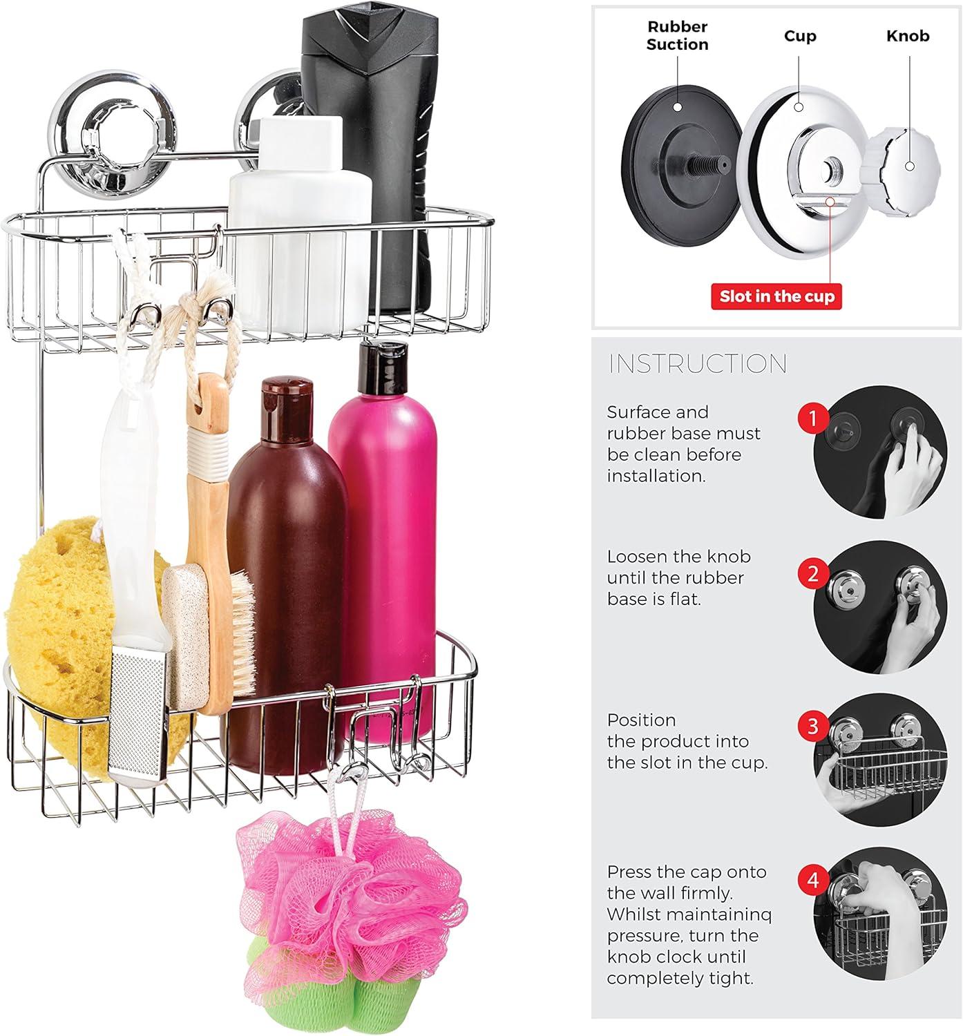 HASKO accessories - Shower Caddy with Suction Cup - 304 Stainless Steel 2Tier Basket for Bathroom - Rustproof (Chrome)