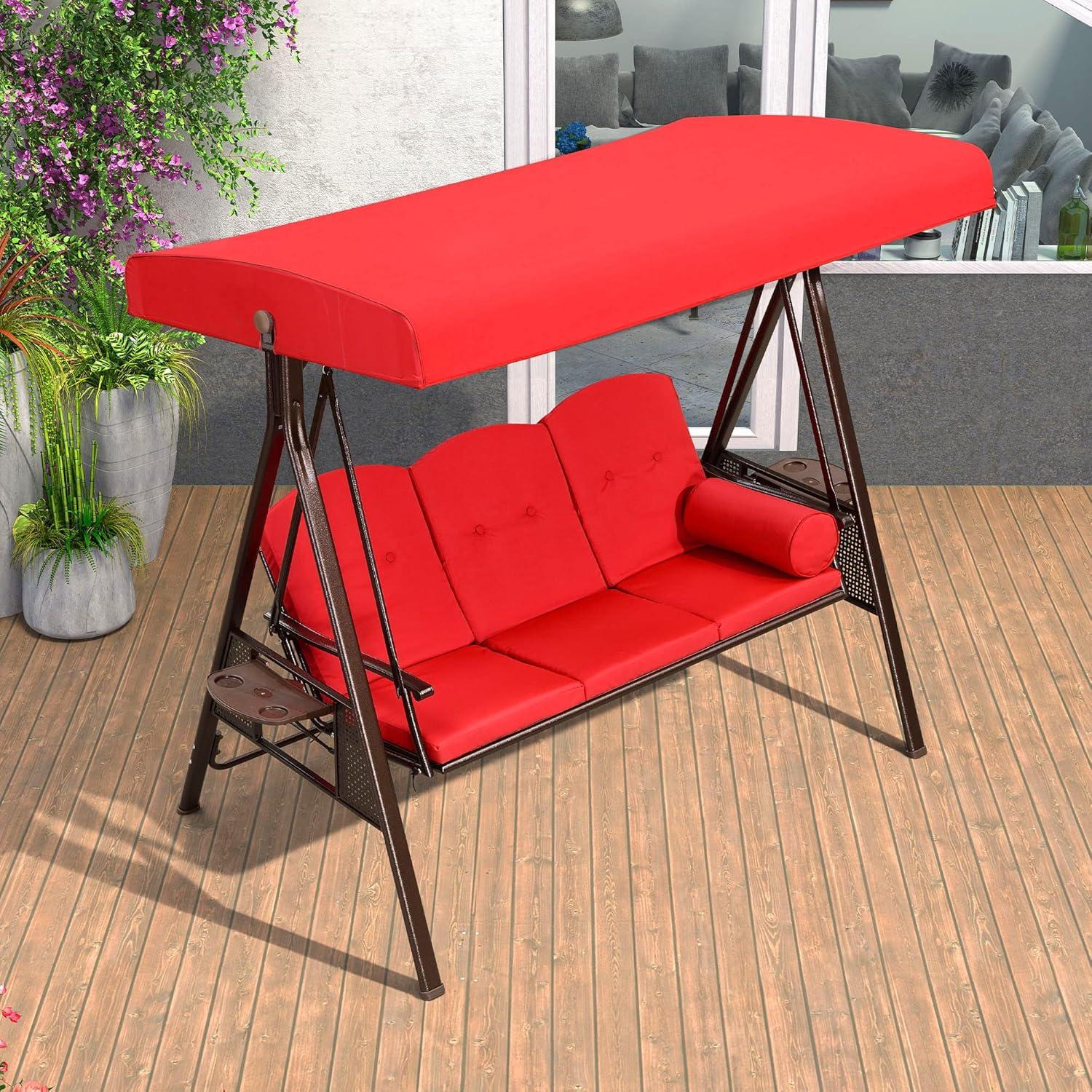 Red Cushioned 3-Seater Brown Steel Patio Swing with Canopy