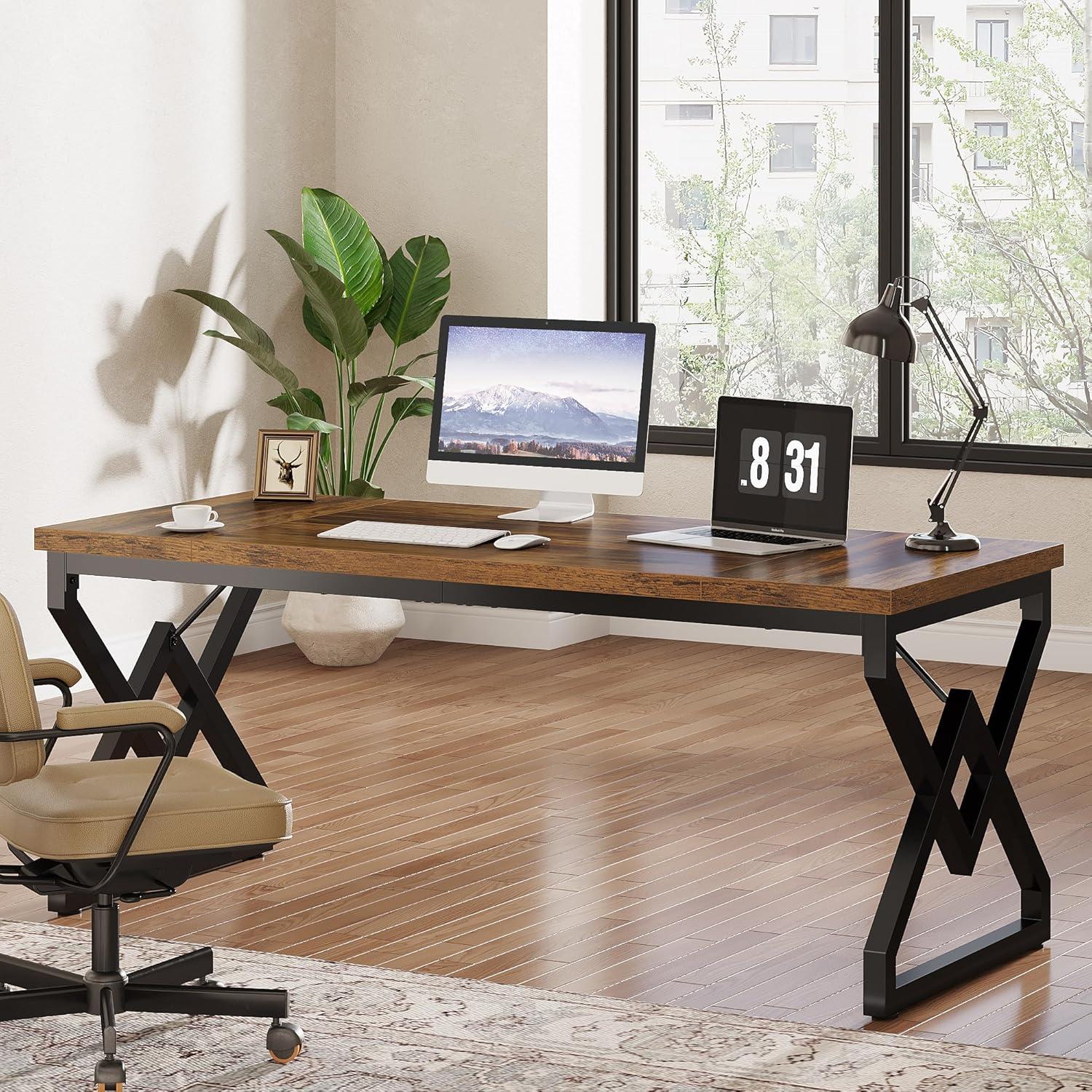 Rustic Brown 63-Inch Executive Desk with Metal Frame